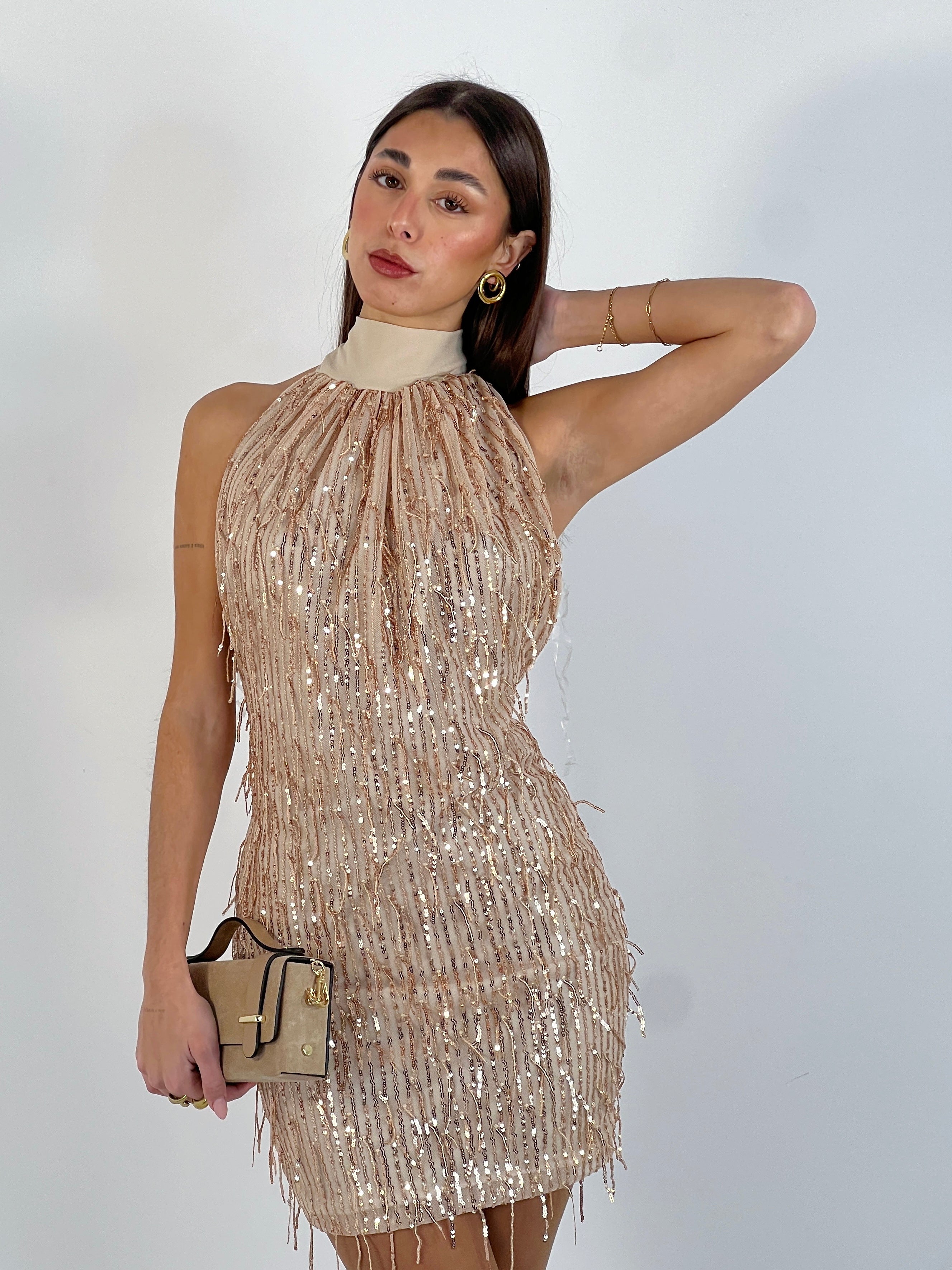 Vestido halter flecos lentejuelas