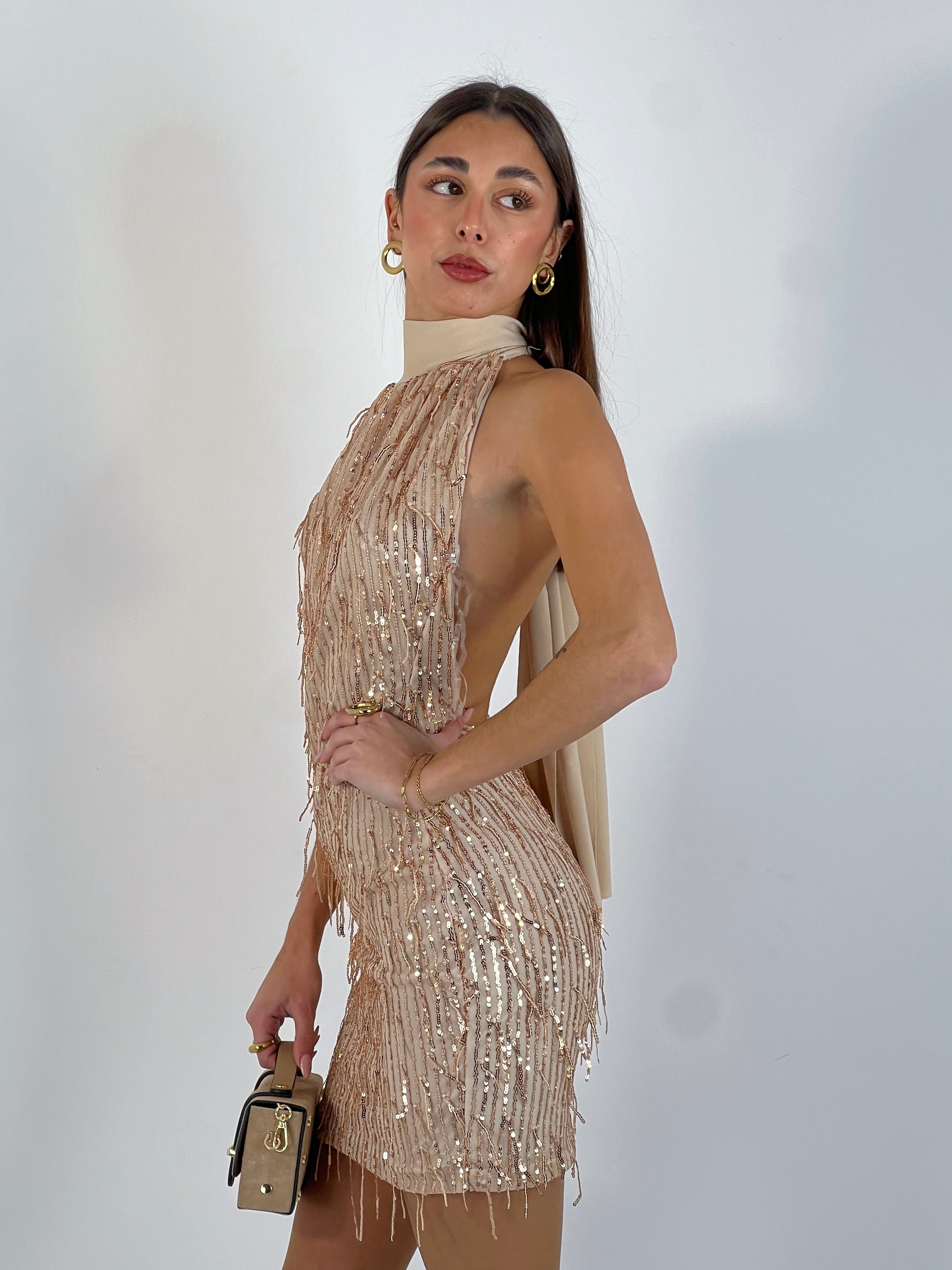 Vestido halter flecos lentejuelas