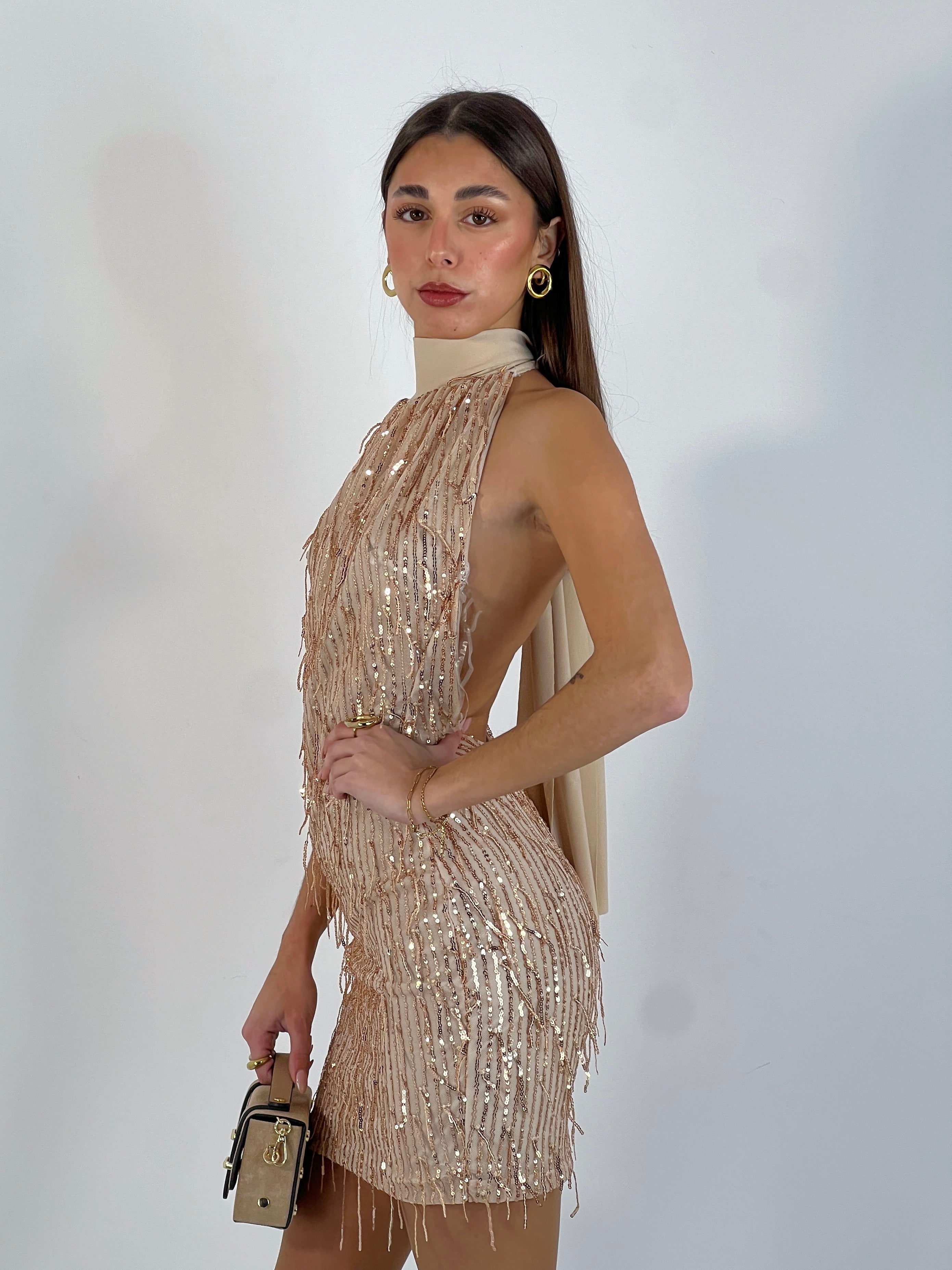 Vestido halter flecos lentejuelas