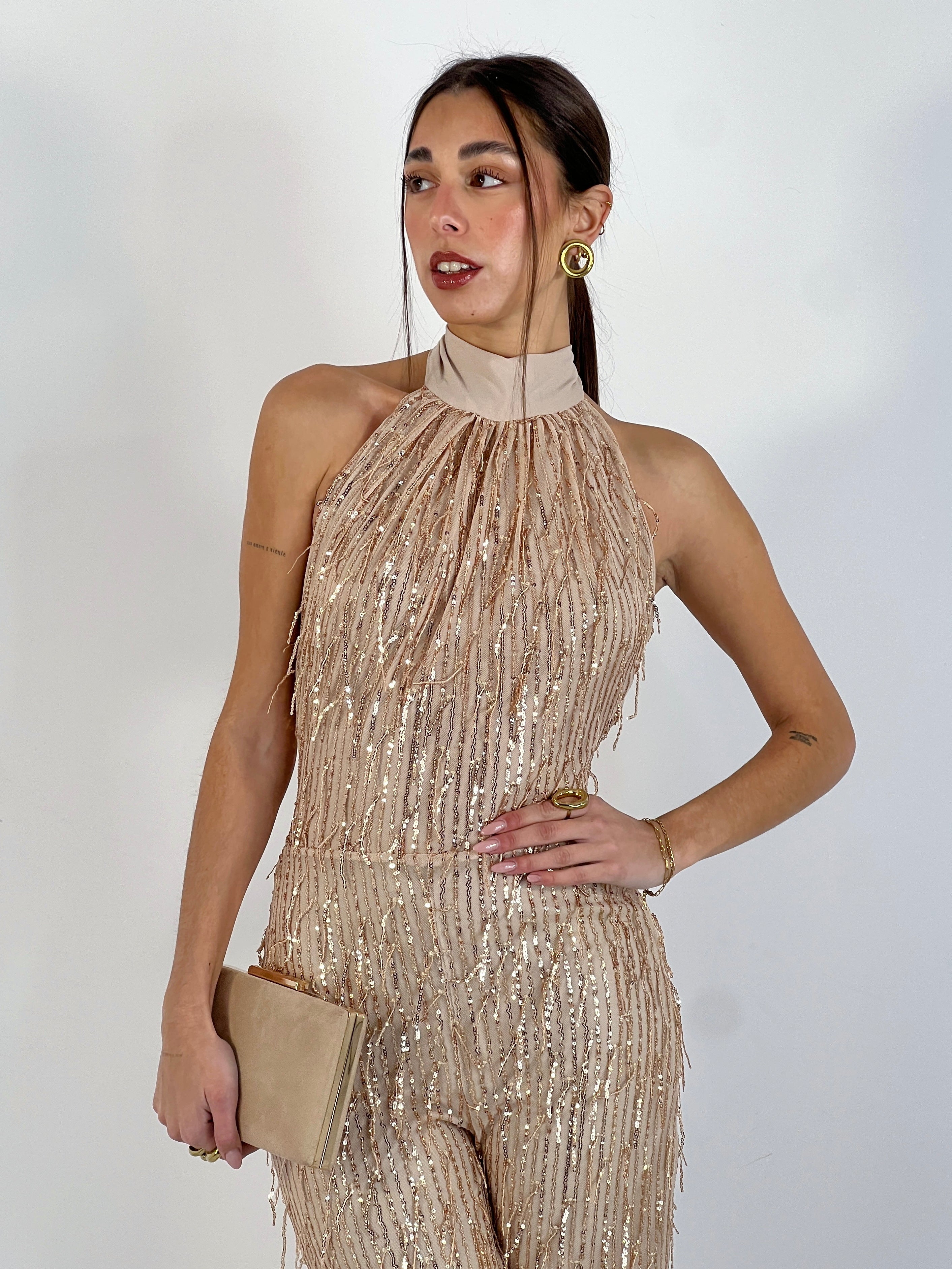 Halter jumpsuit with sequin fringes