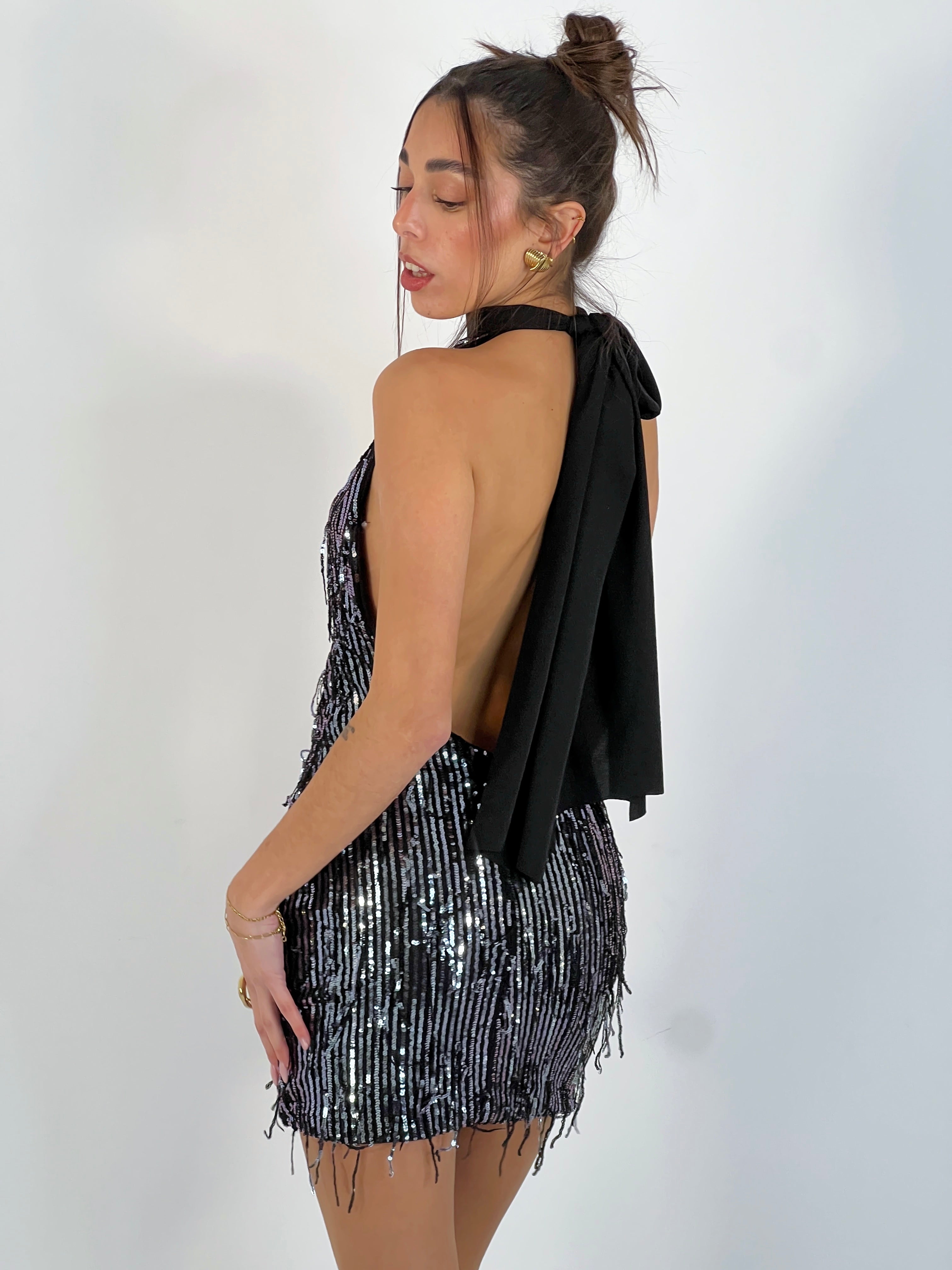 Vestido halter flecos lentejuelas