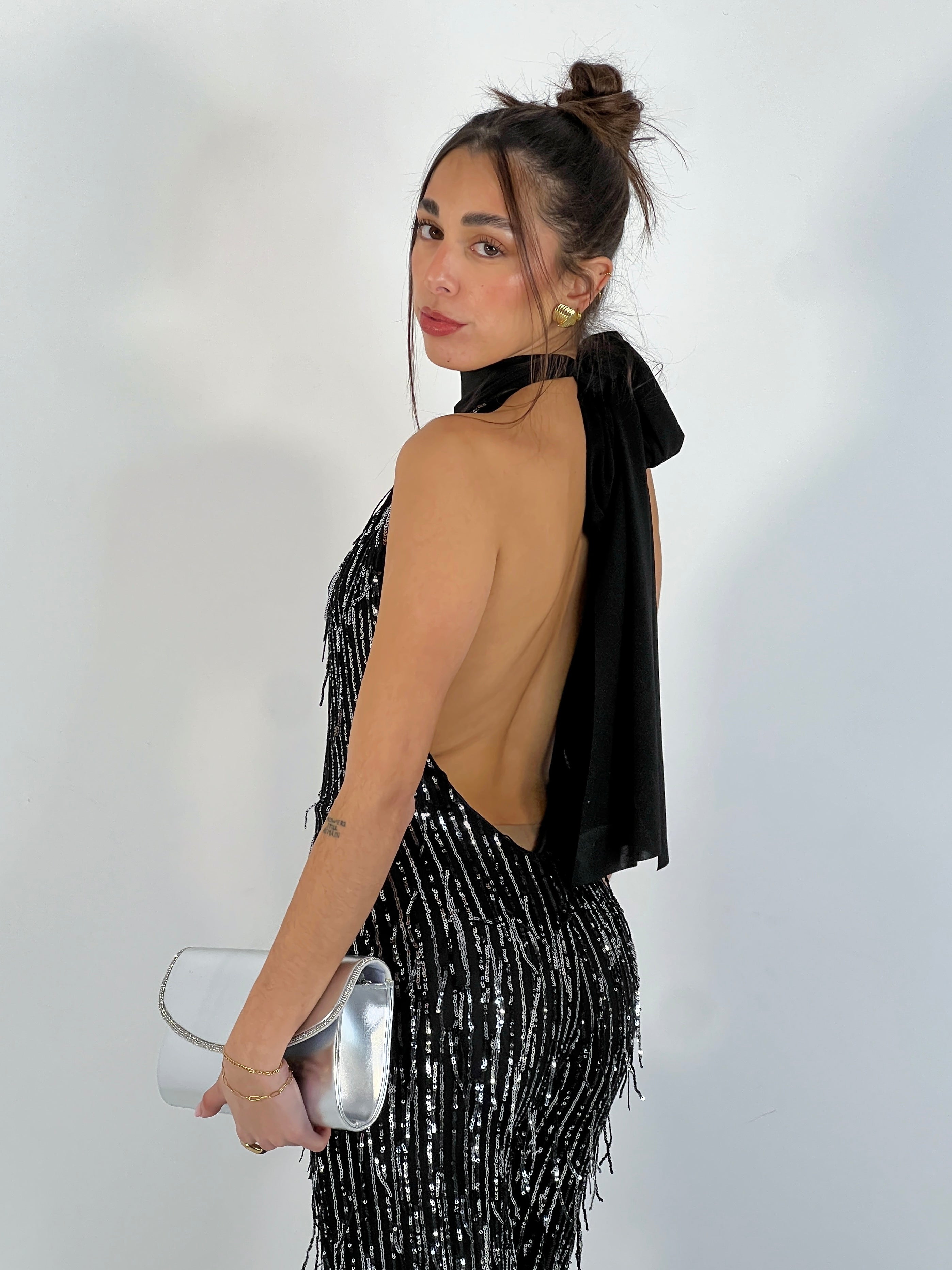 Halter jumpsuit with sequin fringes