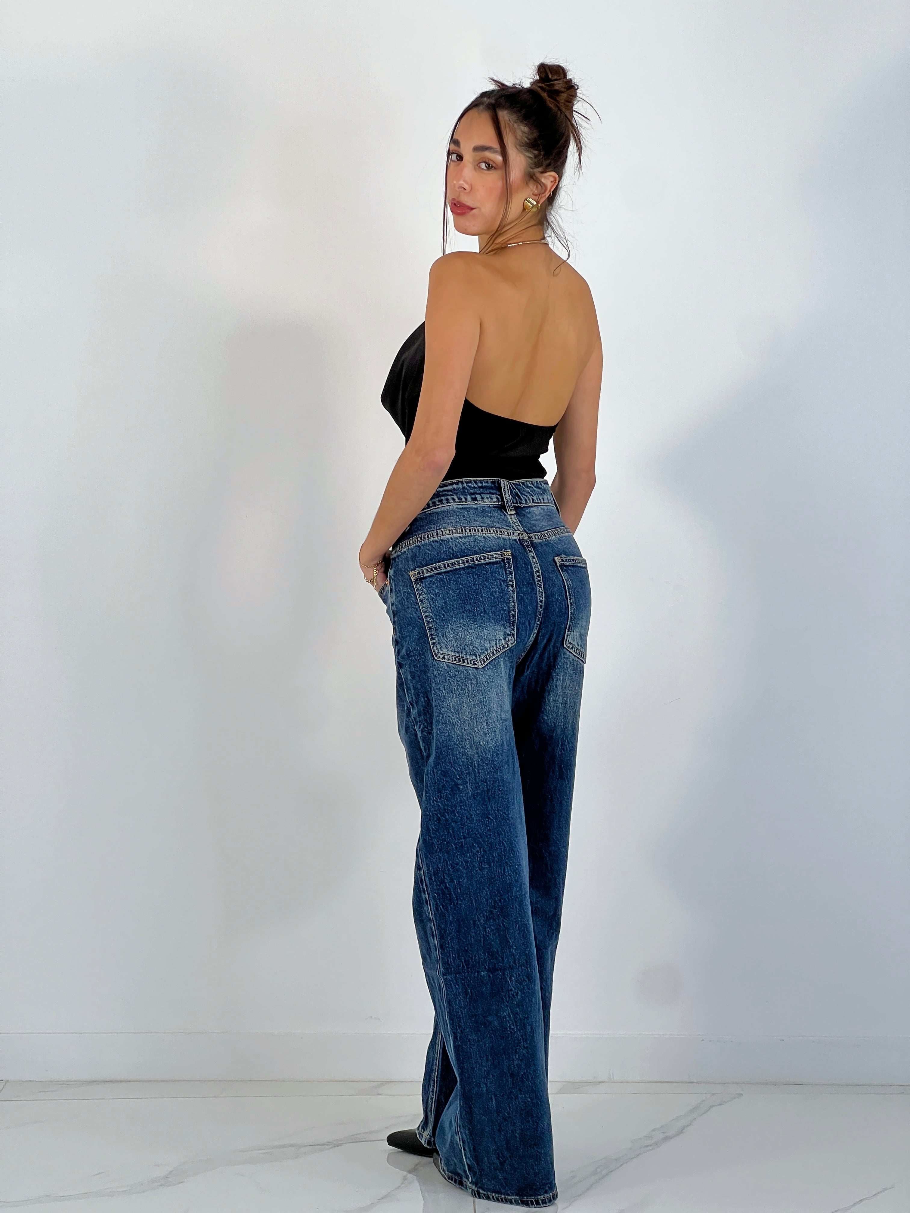 Jeans denim cintura cruzada