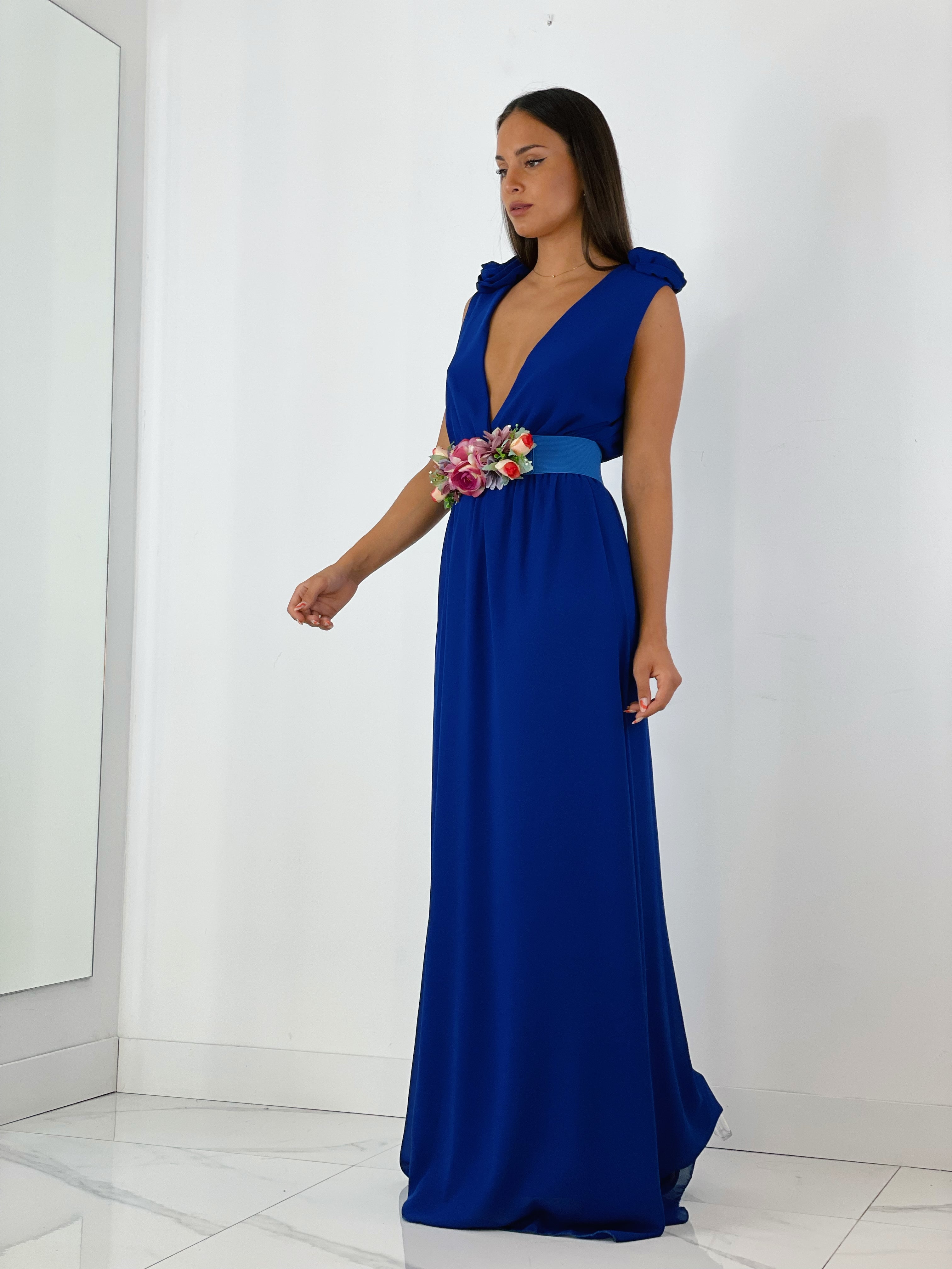 Vestido ceremonia con flores en los hombros color azul klein | Zebra&Maduixa