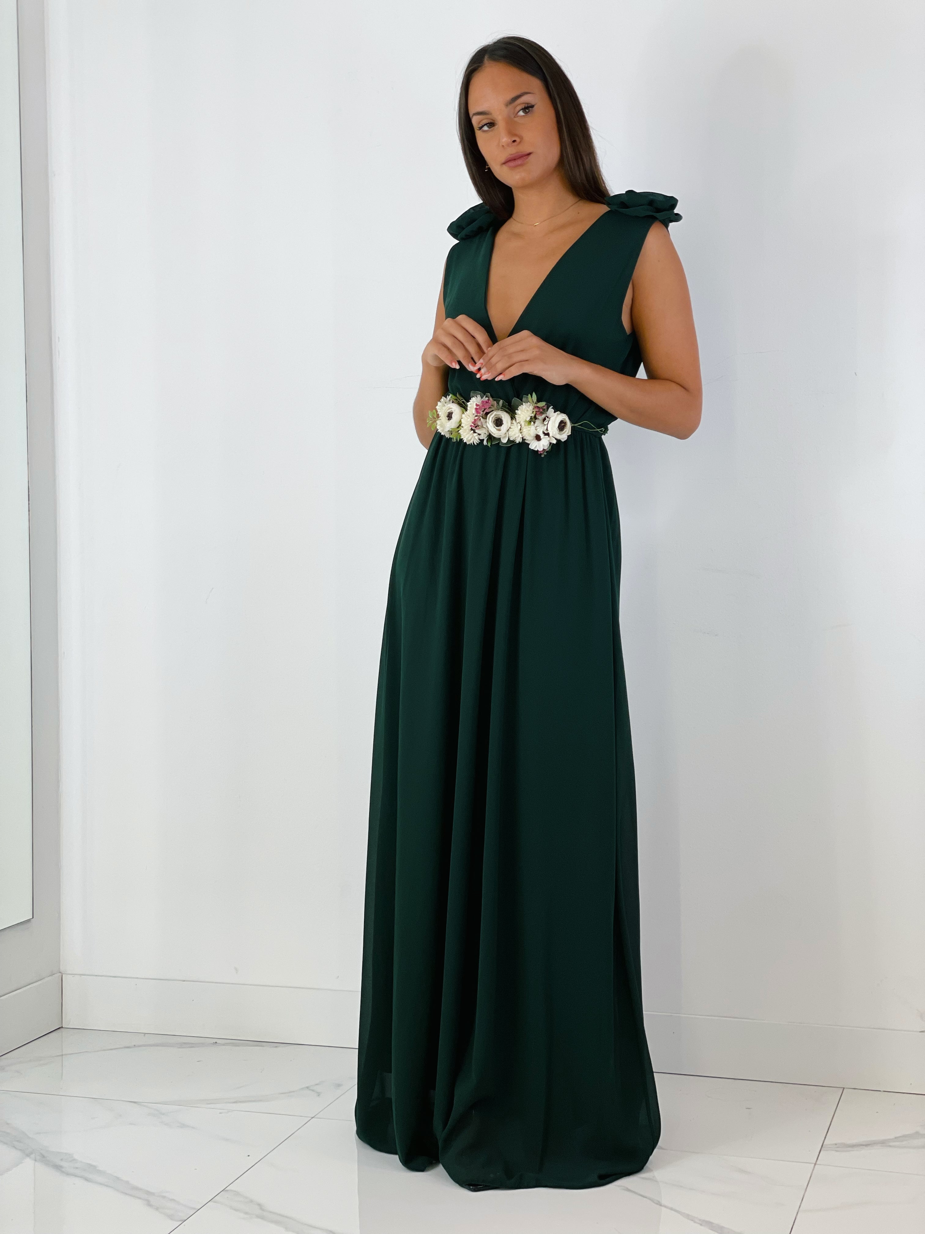 Vestido ceremonia con flores en los hombros color verde botella | Zebra&Maduixa