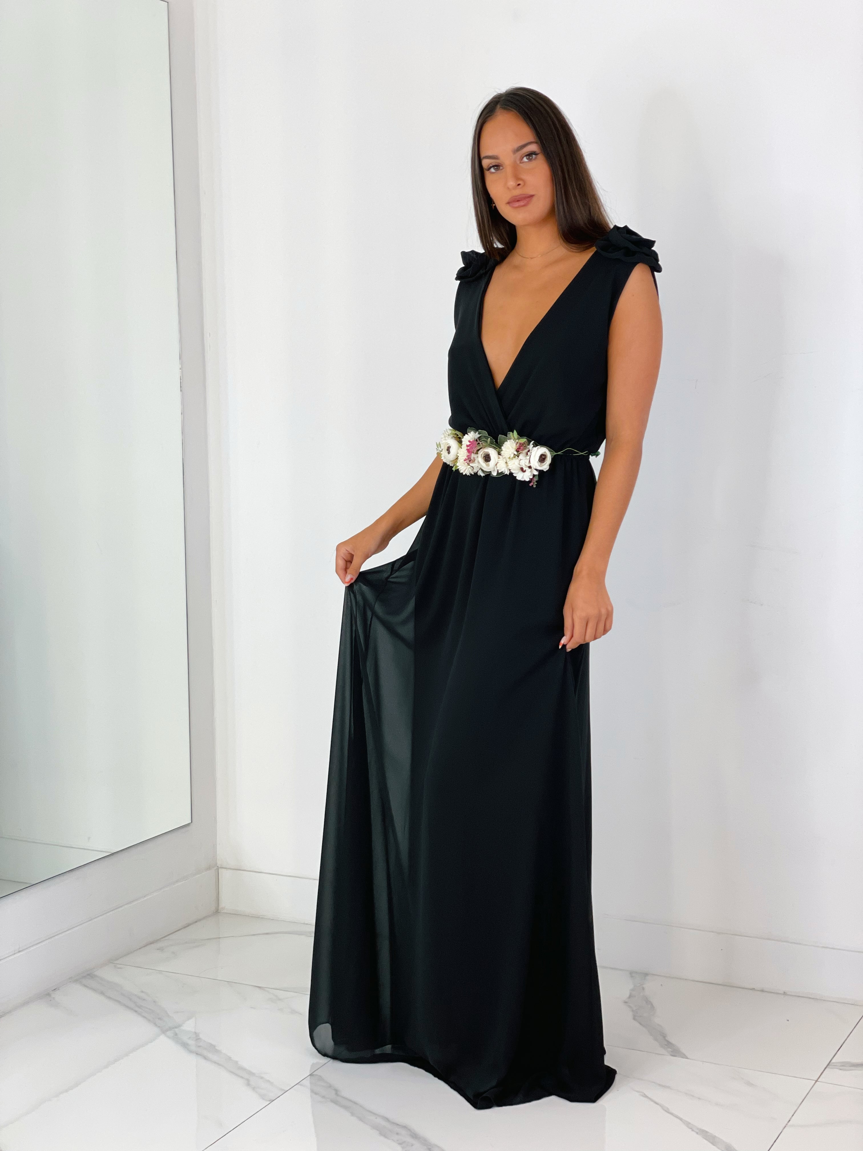 Vestido ceremonia con flores en los hombros color verde botella | Zebra&Maduixa