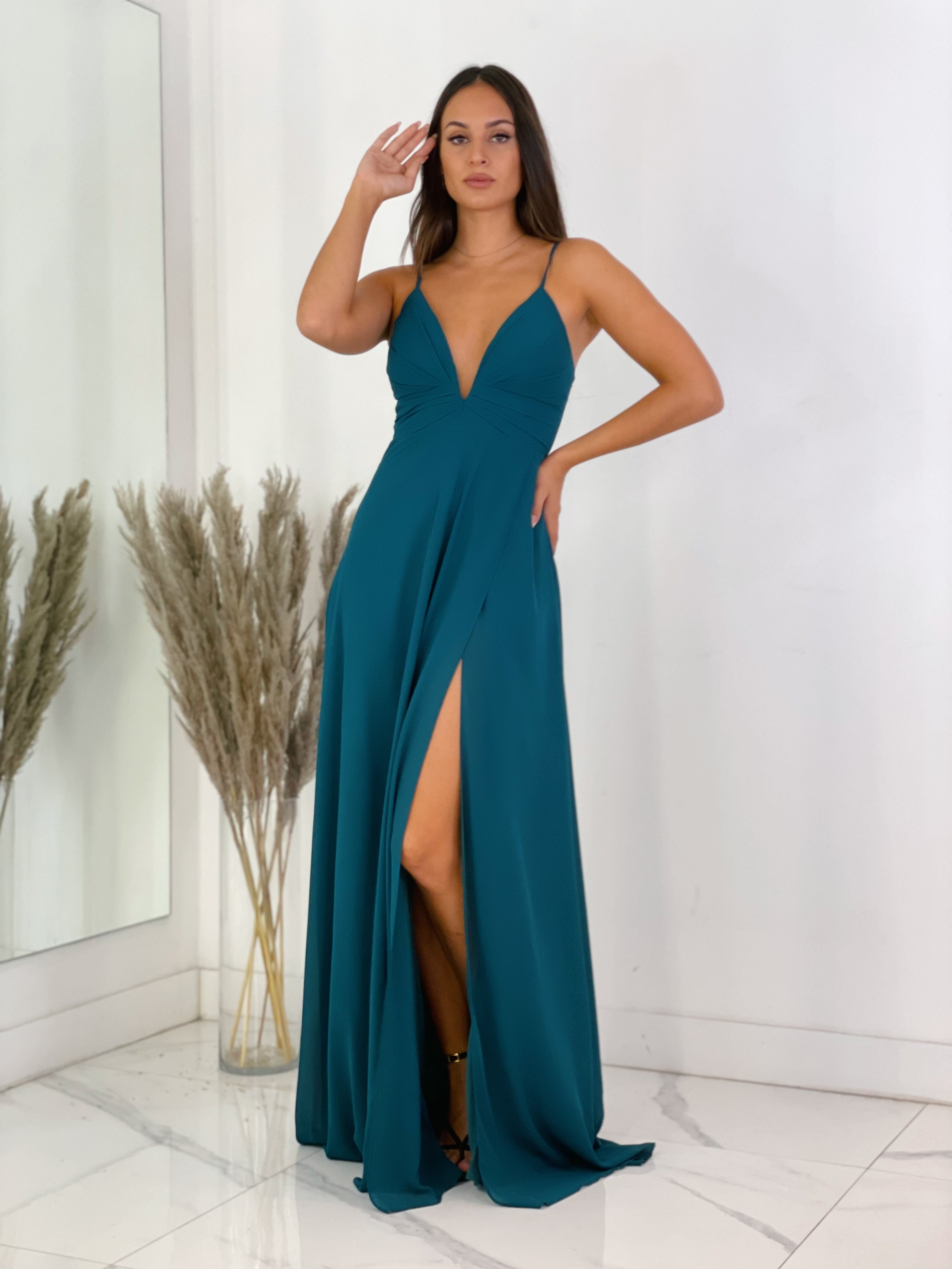 Vestido ceremonia escote v con corte petroleo | Zebra&Maduixa