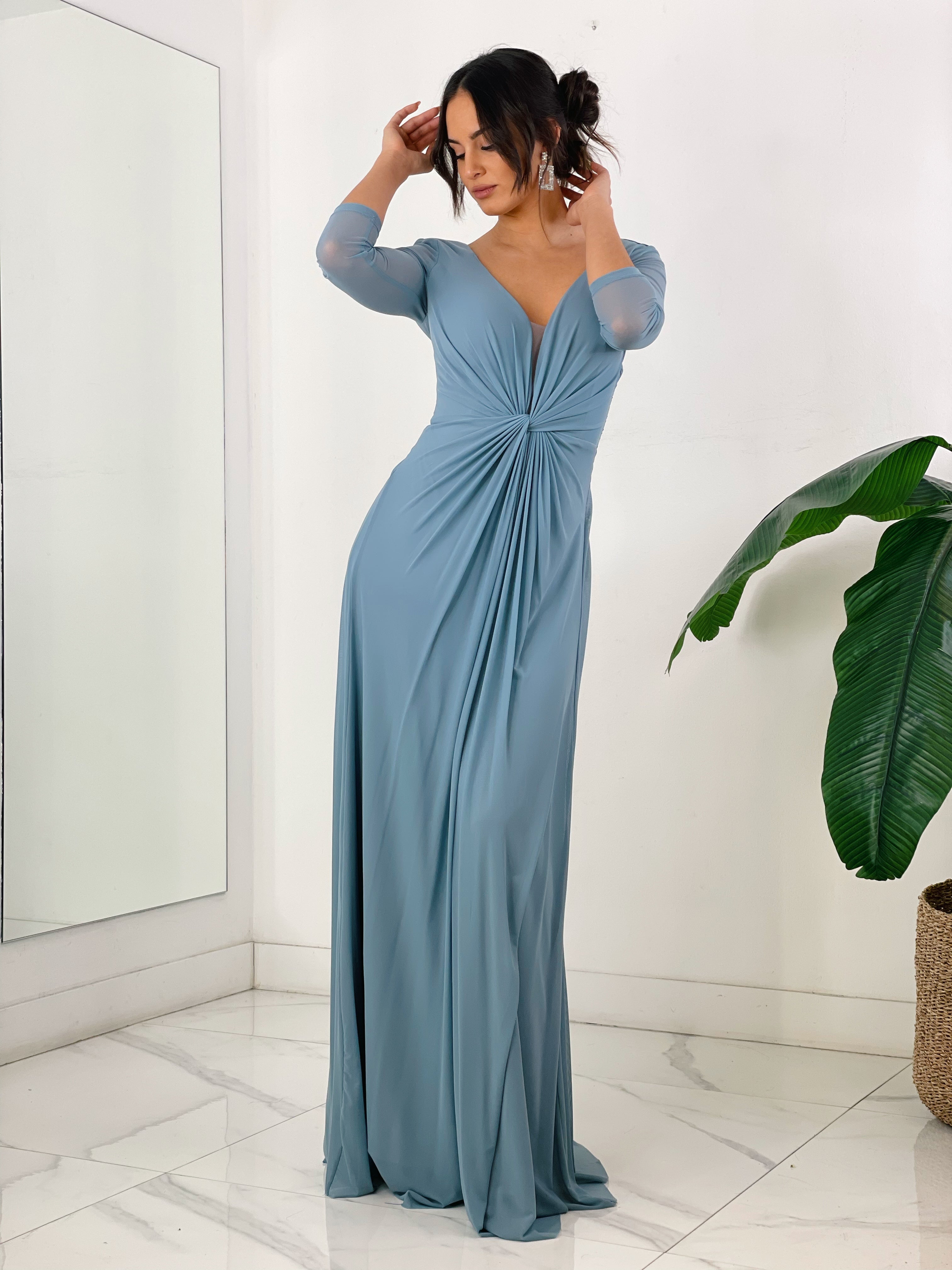 Vestido ceremonia manga larga de tul azul grisáceo | Zebra&Maduixa