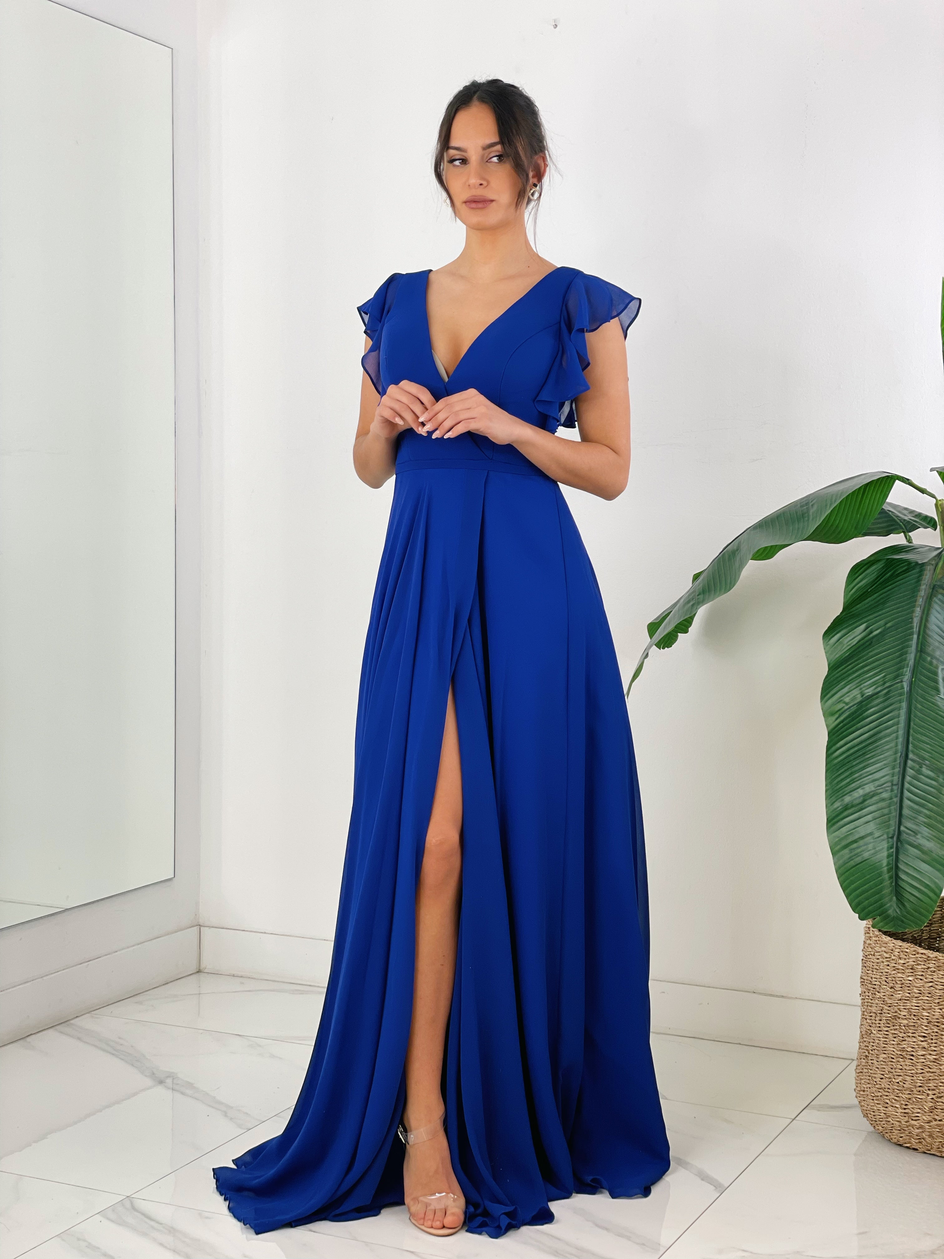 Vestido de ceremonia de manga corta acabada en volantes azul klein| Zebra&Maduixa