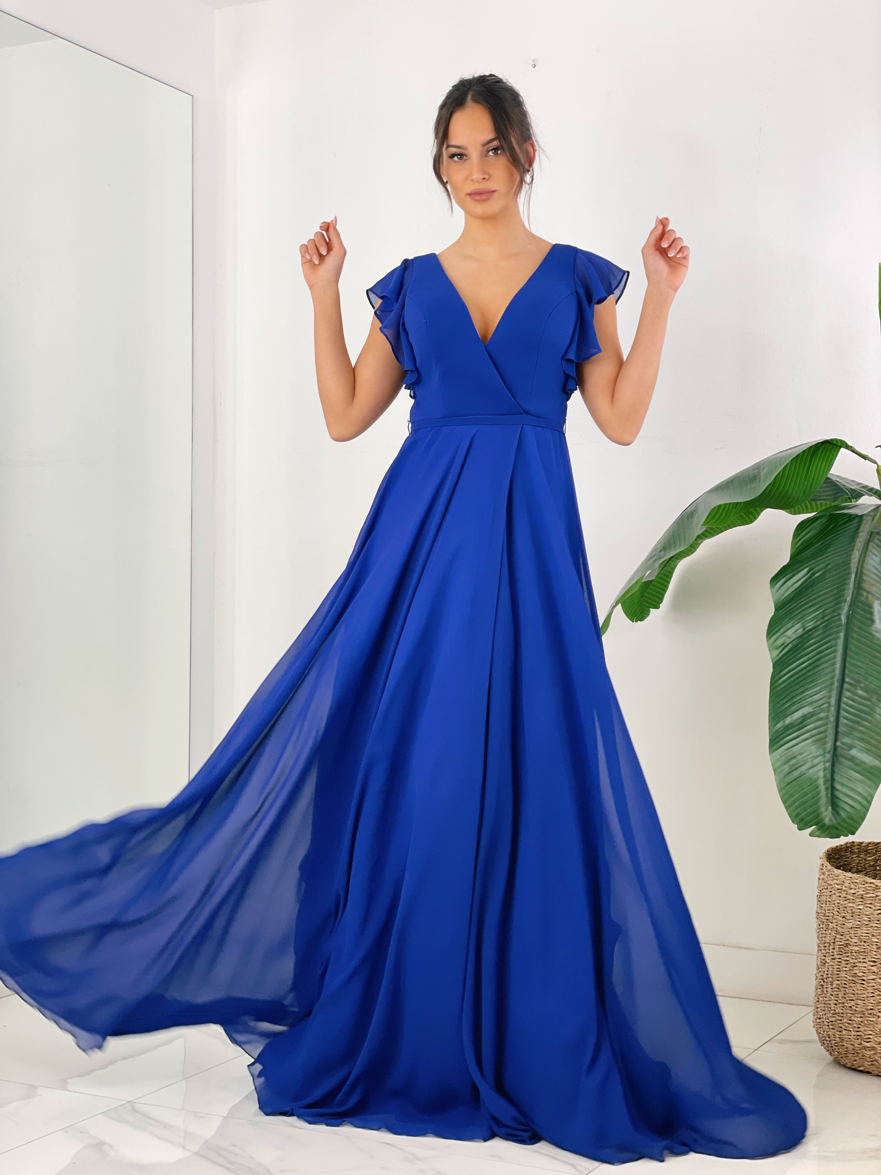 Vestido de ceremonia de manga corta acabada en volantes azul klein | Zebra&Maduixa