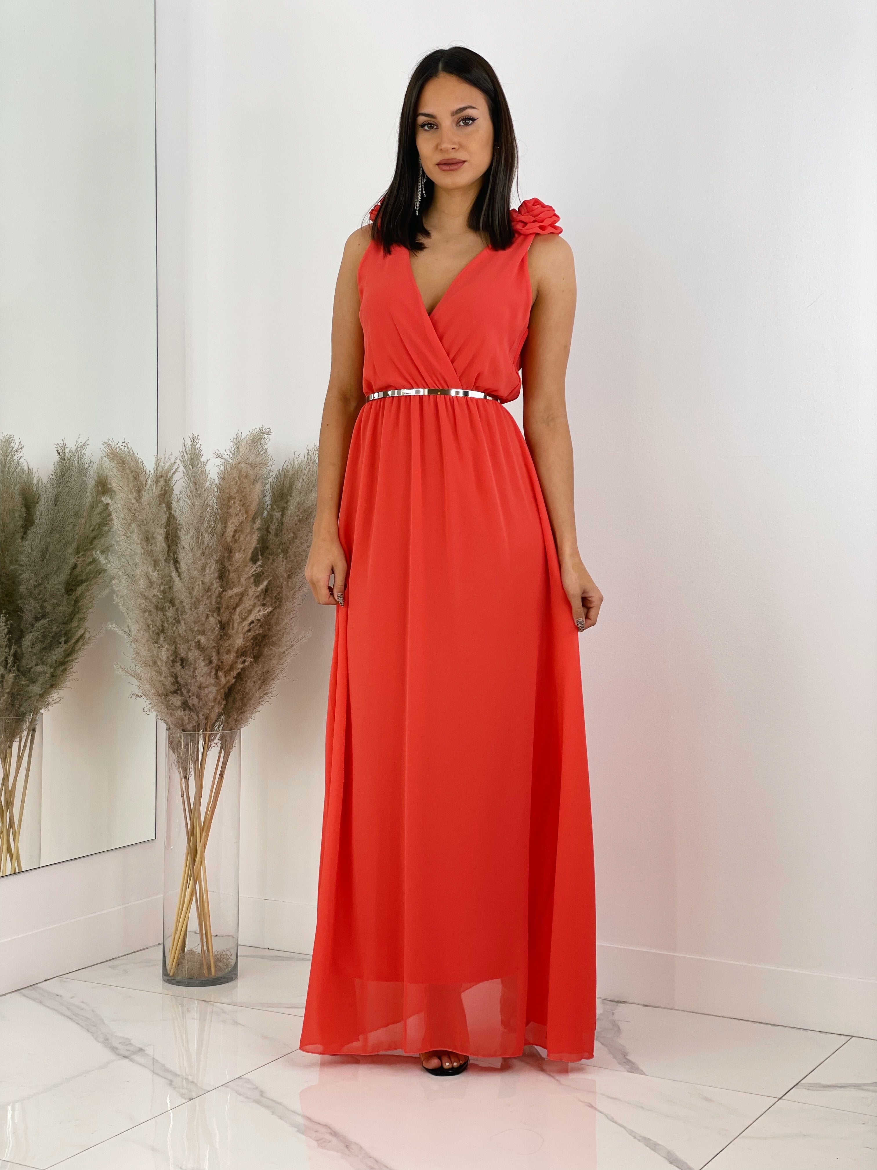 Vestido ceremonia con flores en los hombros color coral | Zebra&Maduixa