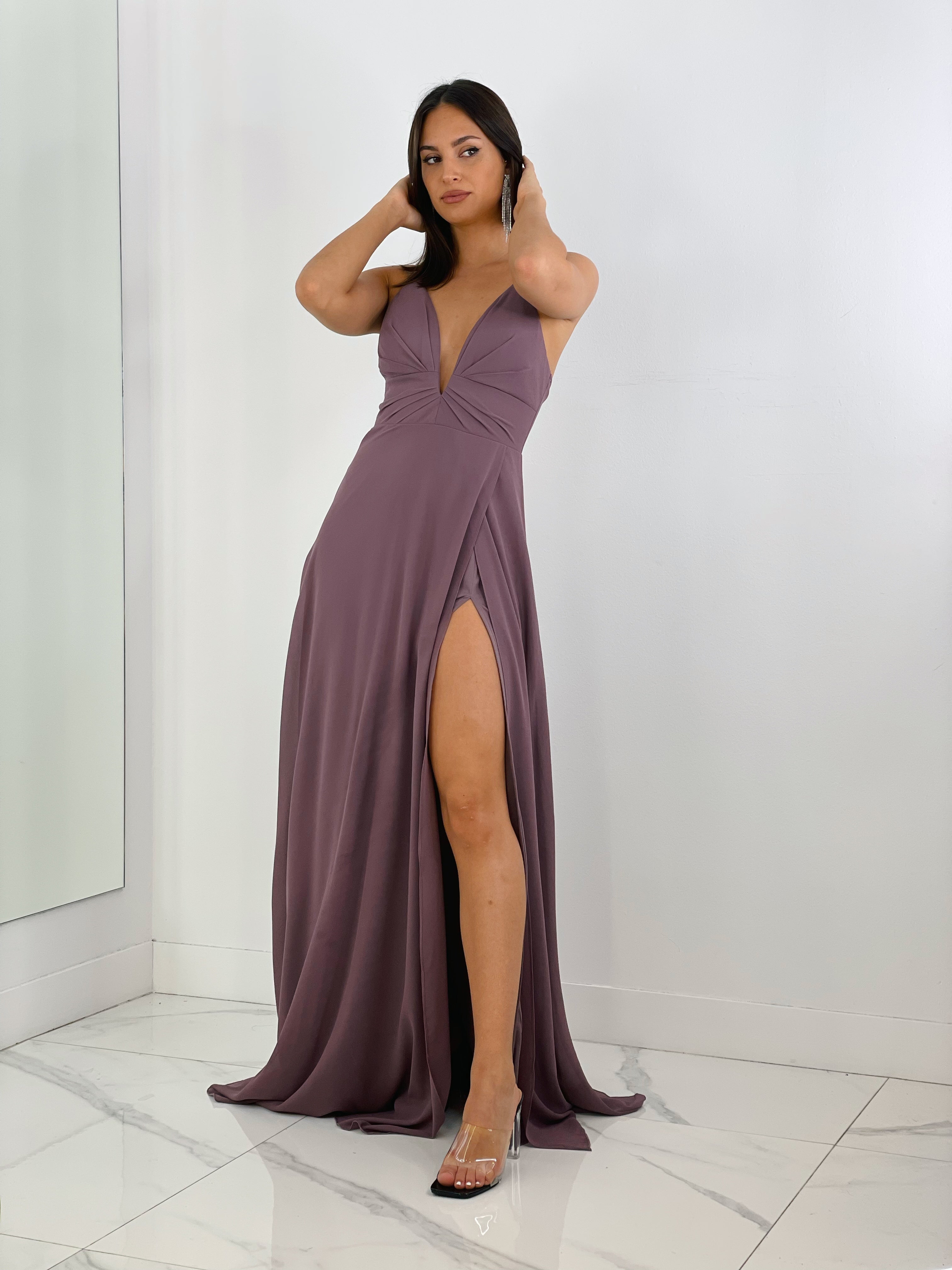 Vestido ceremonia escote v con corte malva | Zebra&Maduixa