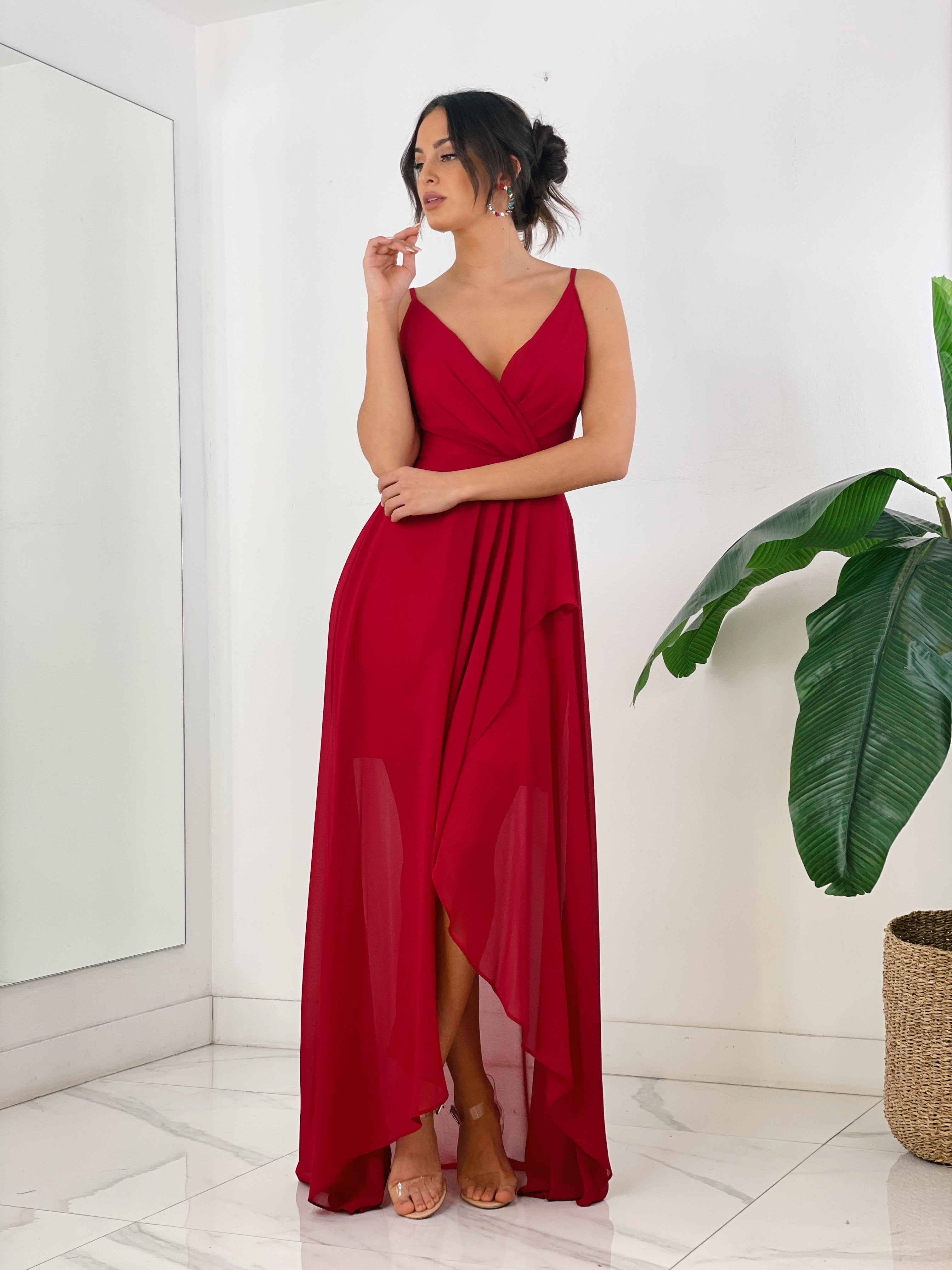 Vestido ceremonia con escote cruzado y fruncido en la parte trasera color rojo | Zebra&Maduixa