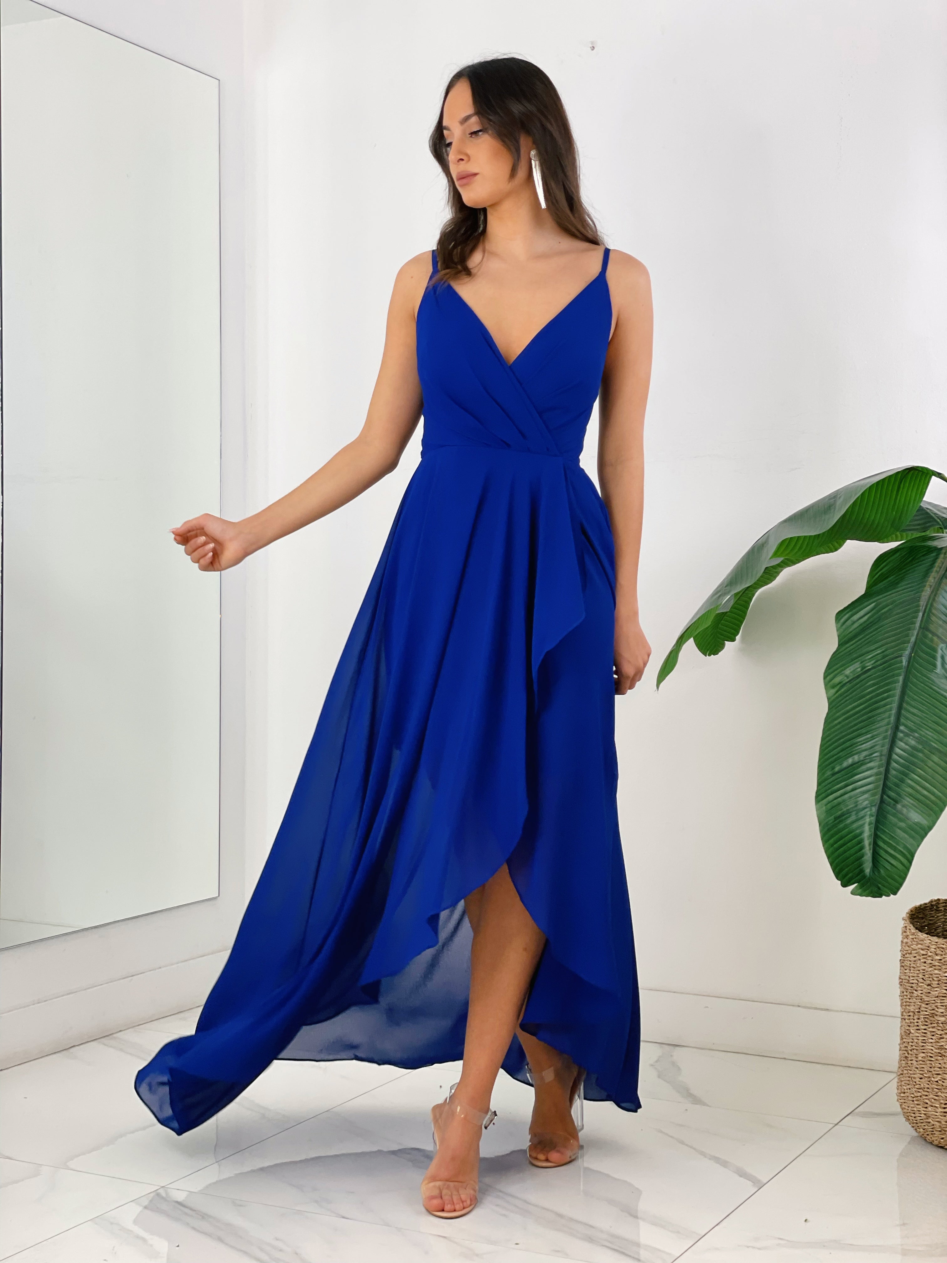 Vestido ceremonia con escote cruzado y fruncido en la parte trasera color azul klein | Zebra&Maduixa