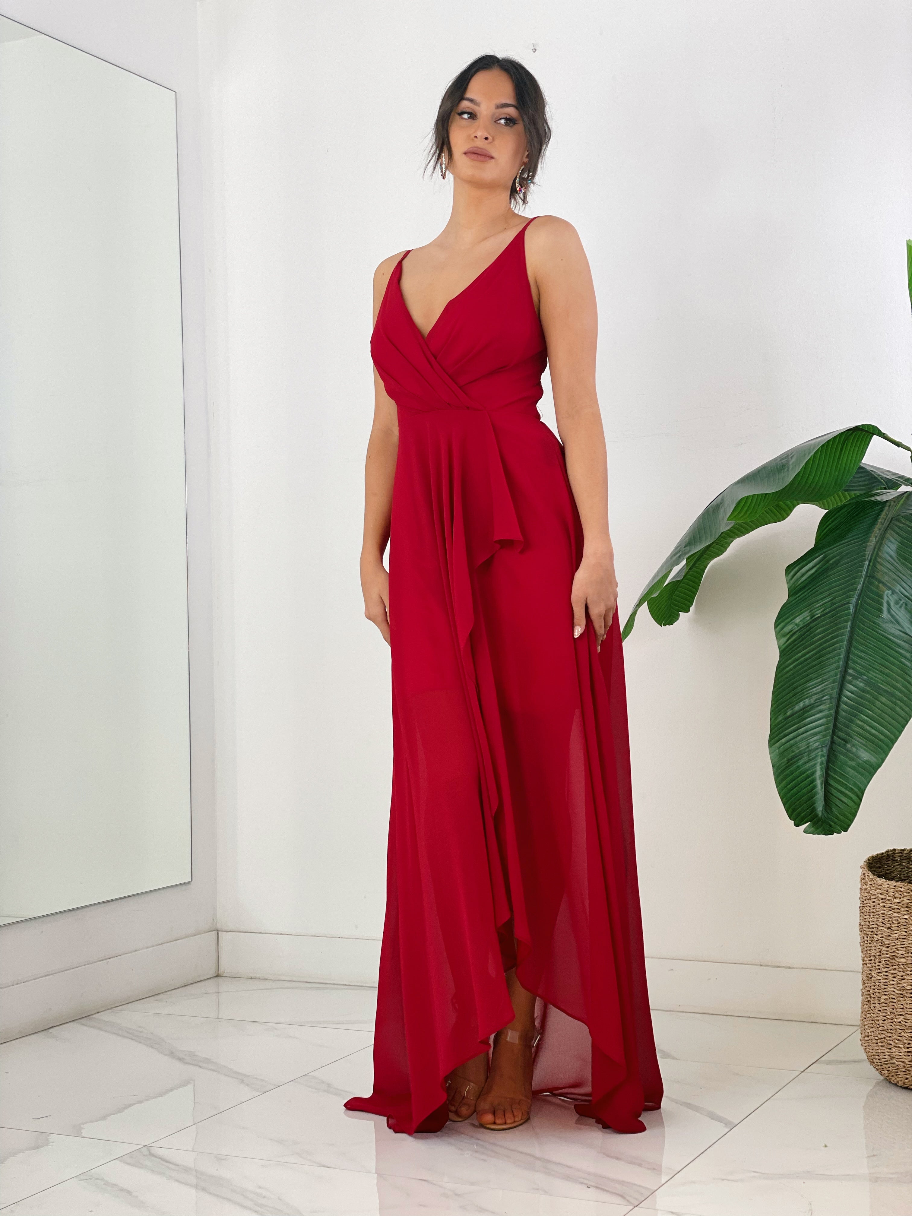 Vestido ceremonia con escote cruzado y fruncido en la parte trasera color rojo | Zebra&Maduixa