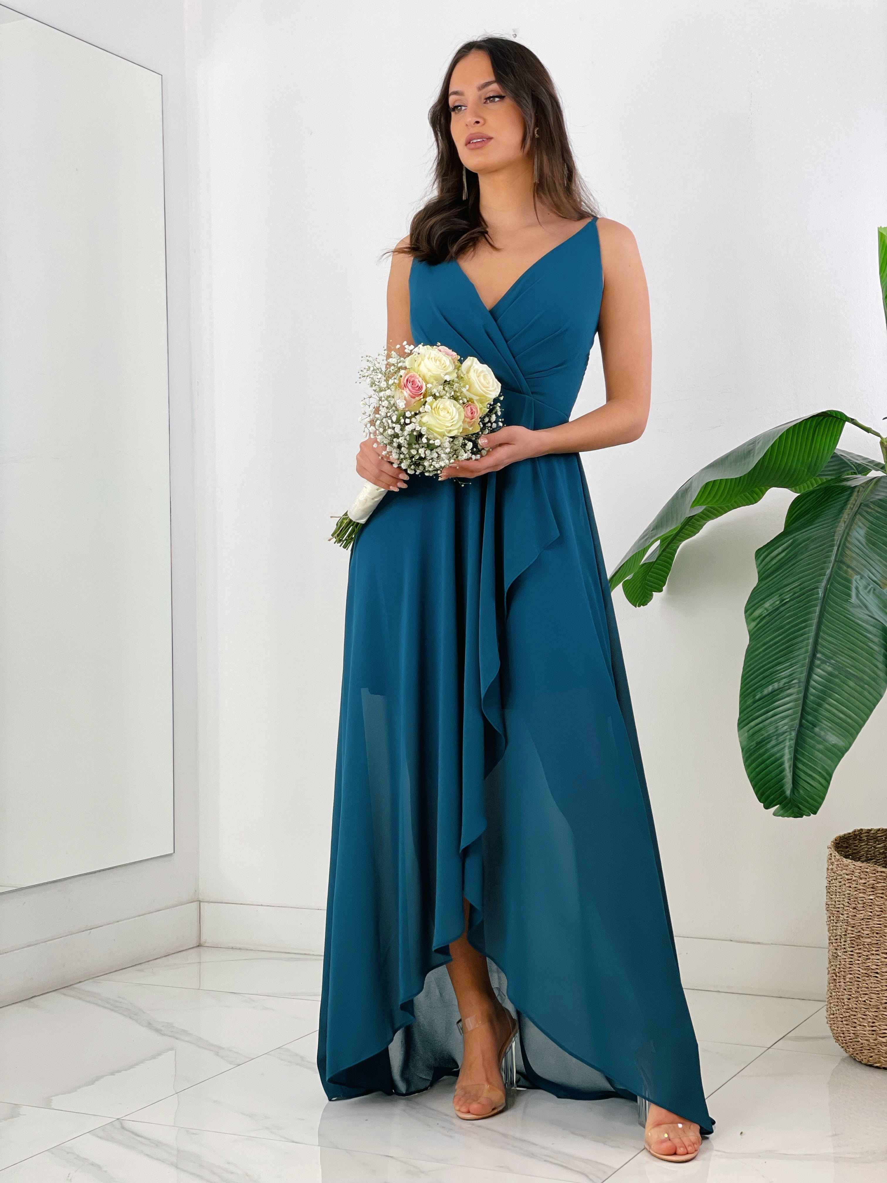 Vestido ceremonia con escote cruzado y fruncido en la parte trasera color petróleo | Zebra&Maduixa