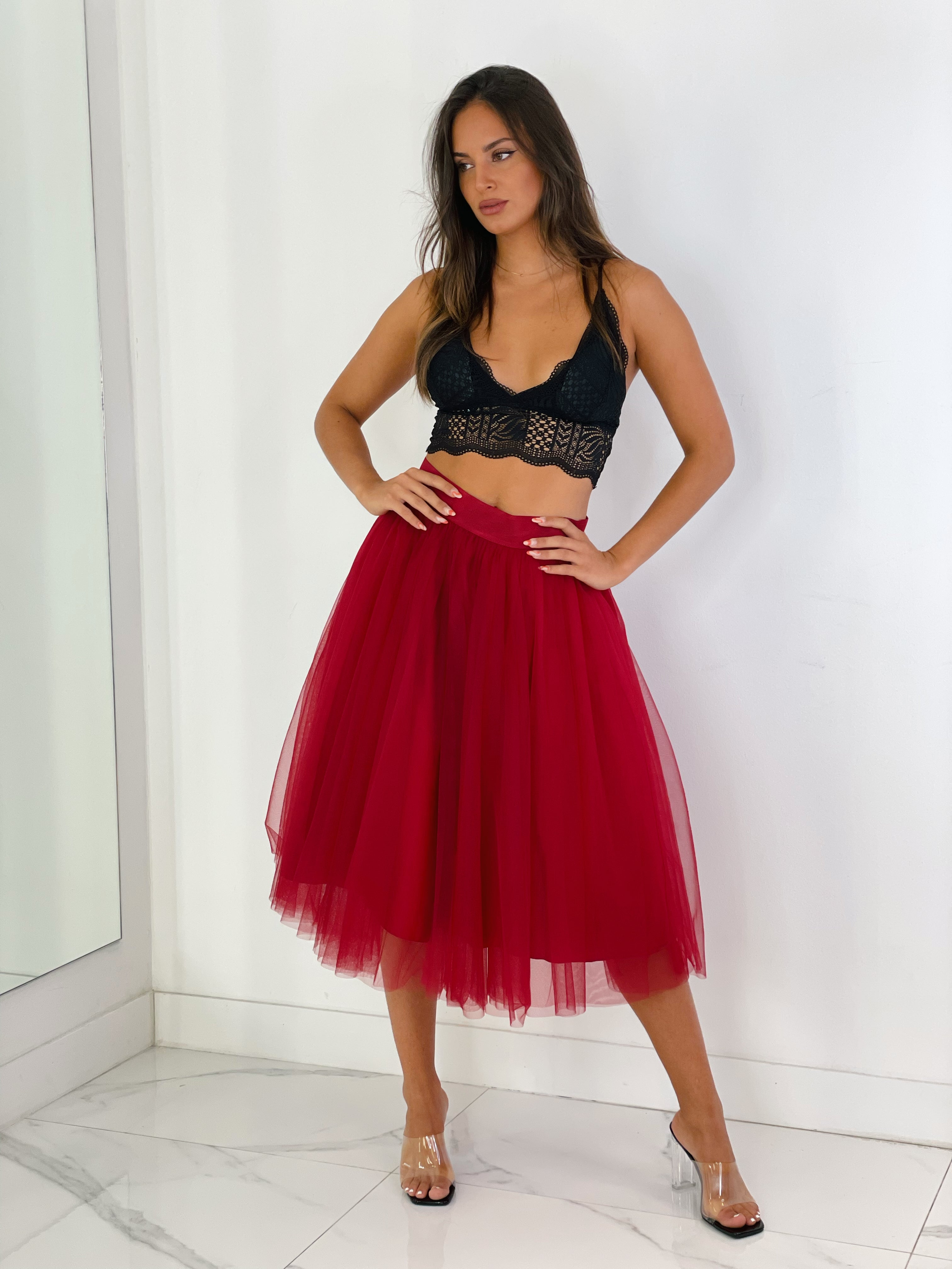 Falda de tul midi roja - elegante para boda o eventos o ceremonia | Zebra&Maduixa 