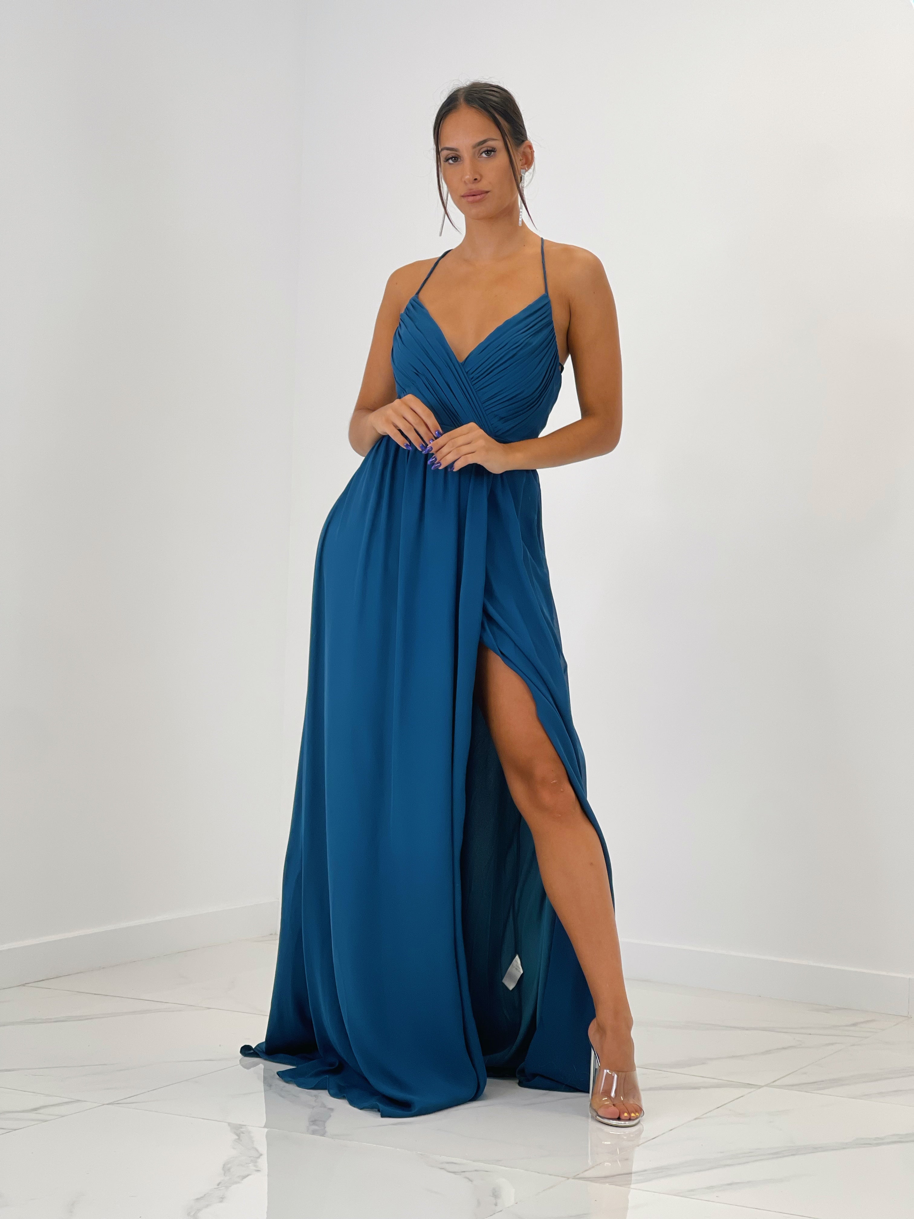 Vestido de ceremonia con escote cruzado y espalda cruzada petroleo | Zebra&Maduixa