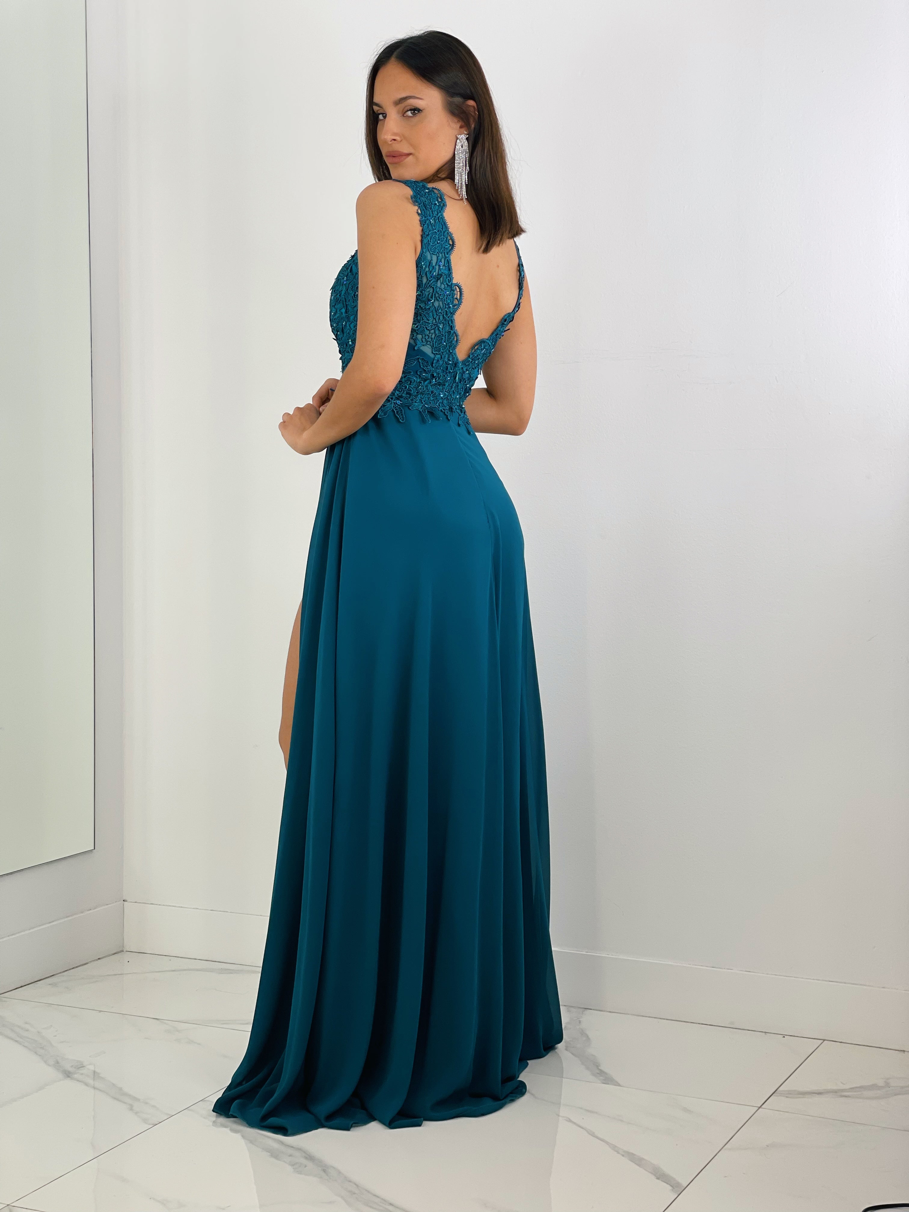 Vestido de ceremonia color petroleo con bordados | Zebra&Maduixa