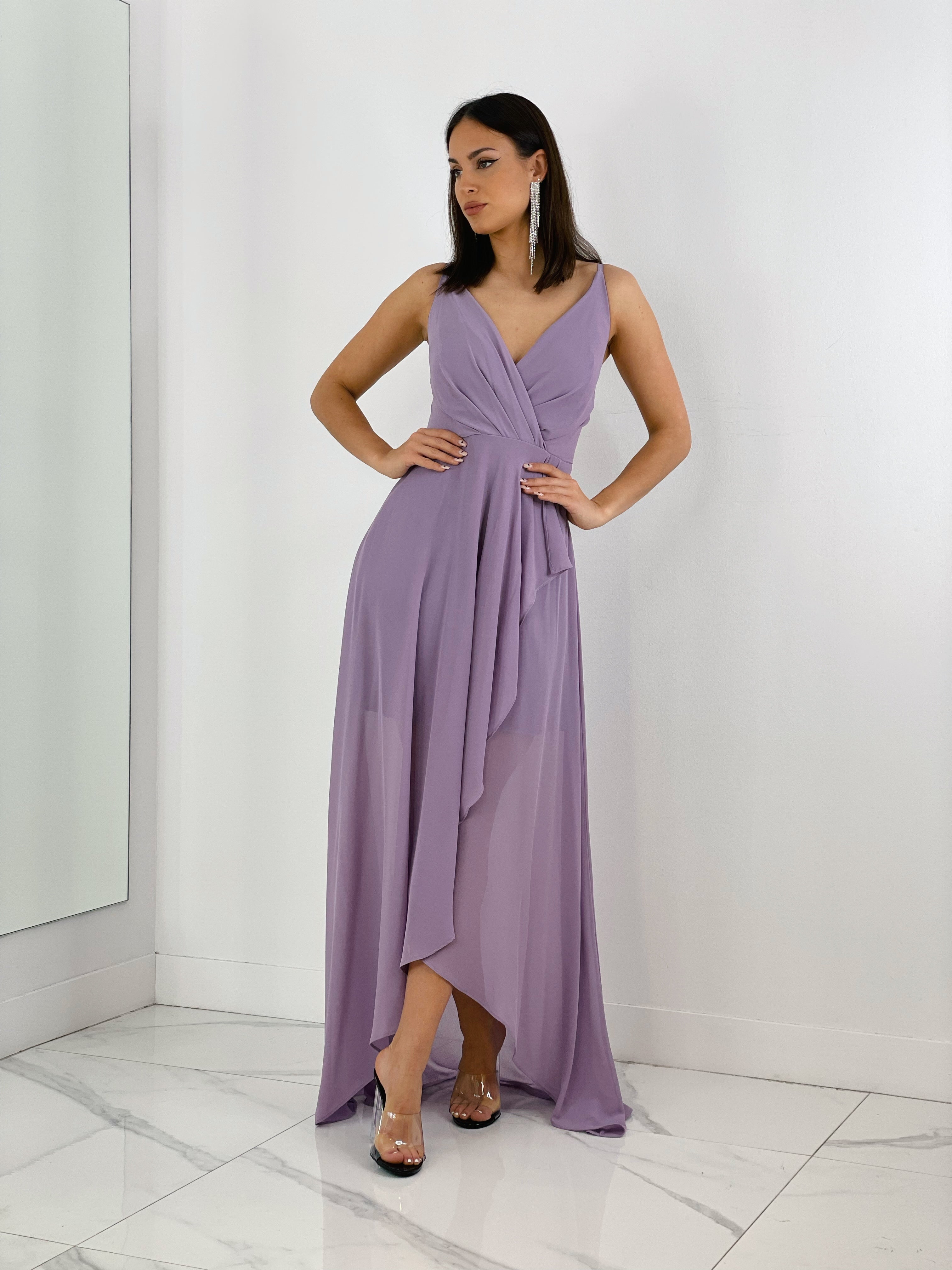 Vestido ceremonia con escote cruzado y fruncido en la parte trasera color malva | Zebra&Maduixa