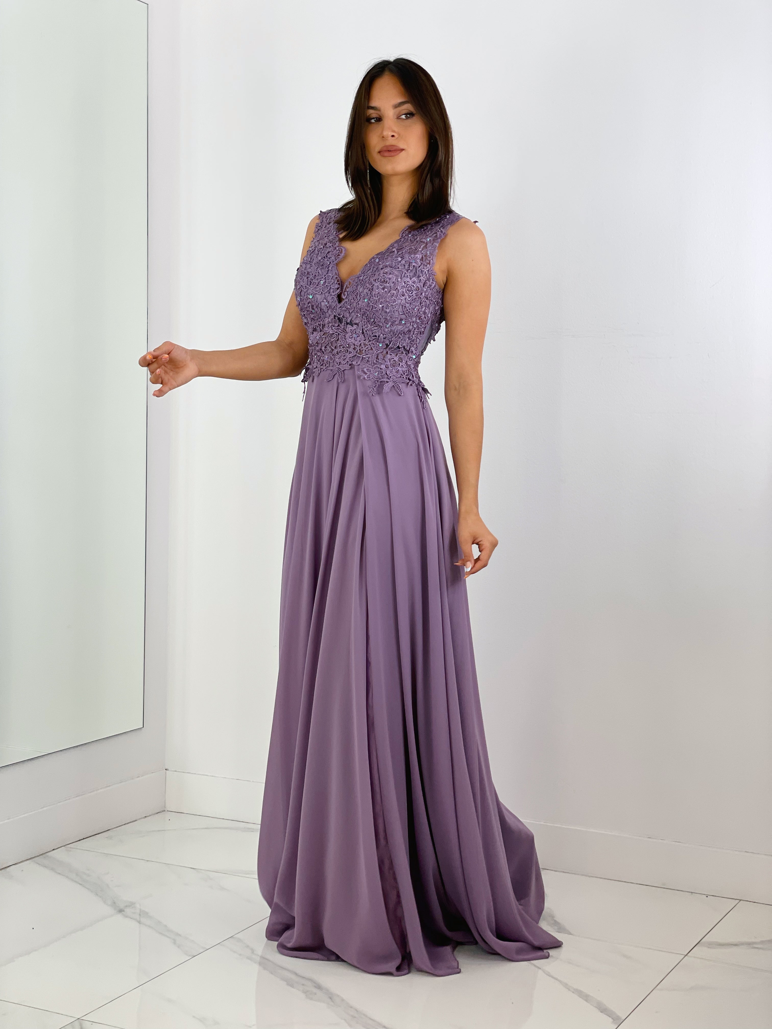 Vestido de ceremonia color malva con bordados | Zebra&Maduixa