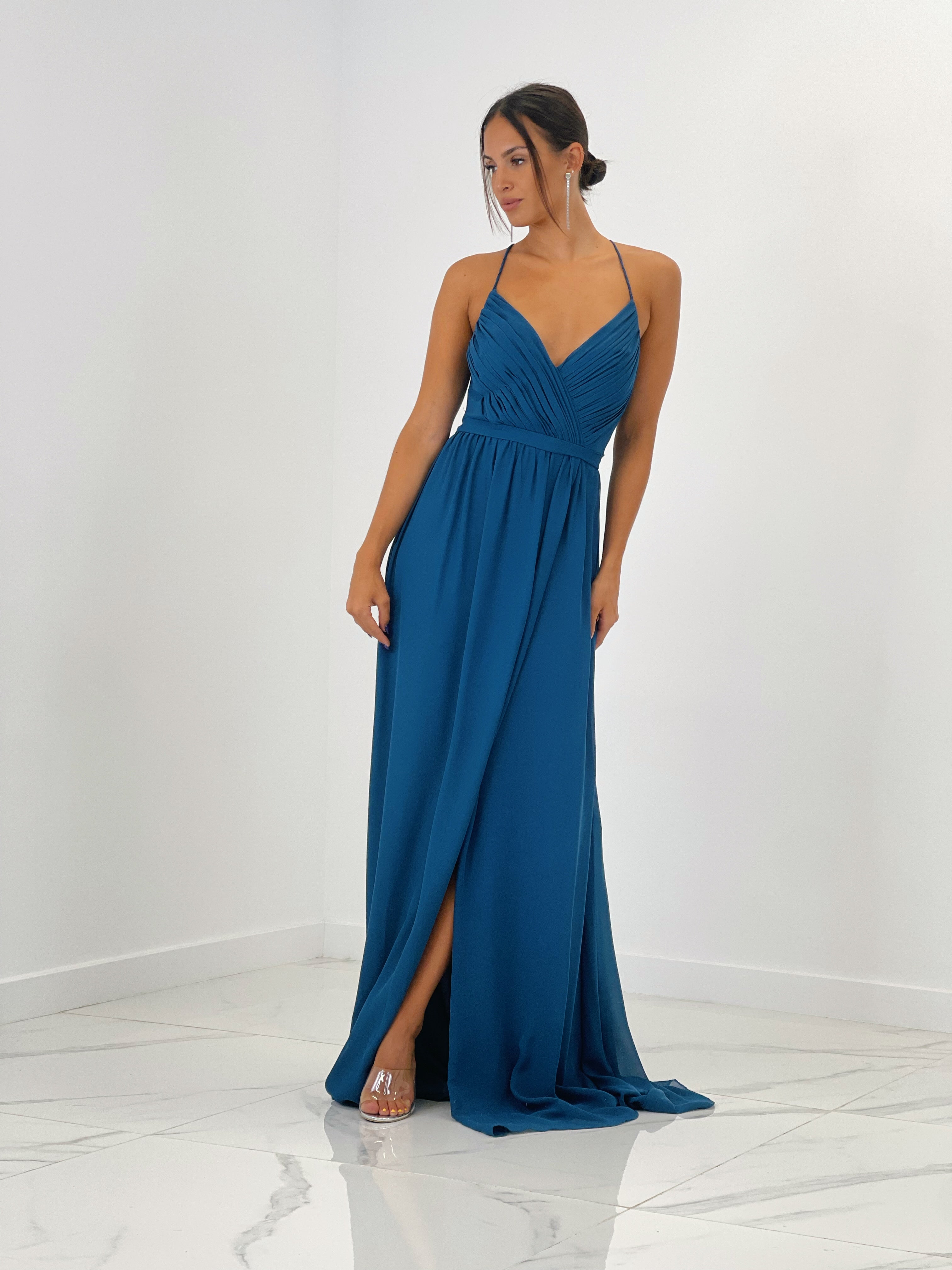 Vestido de ceremonia con escote cruzado y espalda cruzada petroleo | Zebra&Maduixa