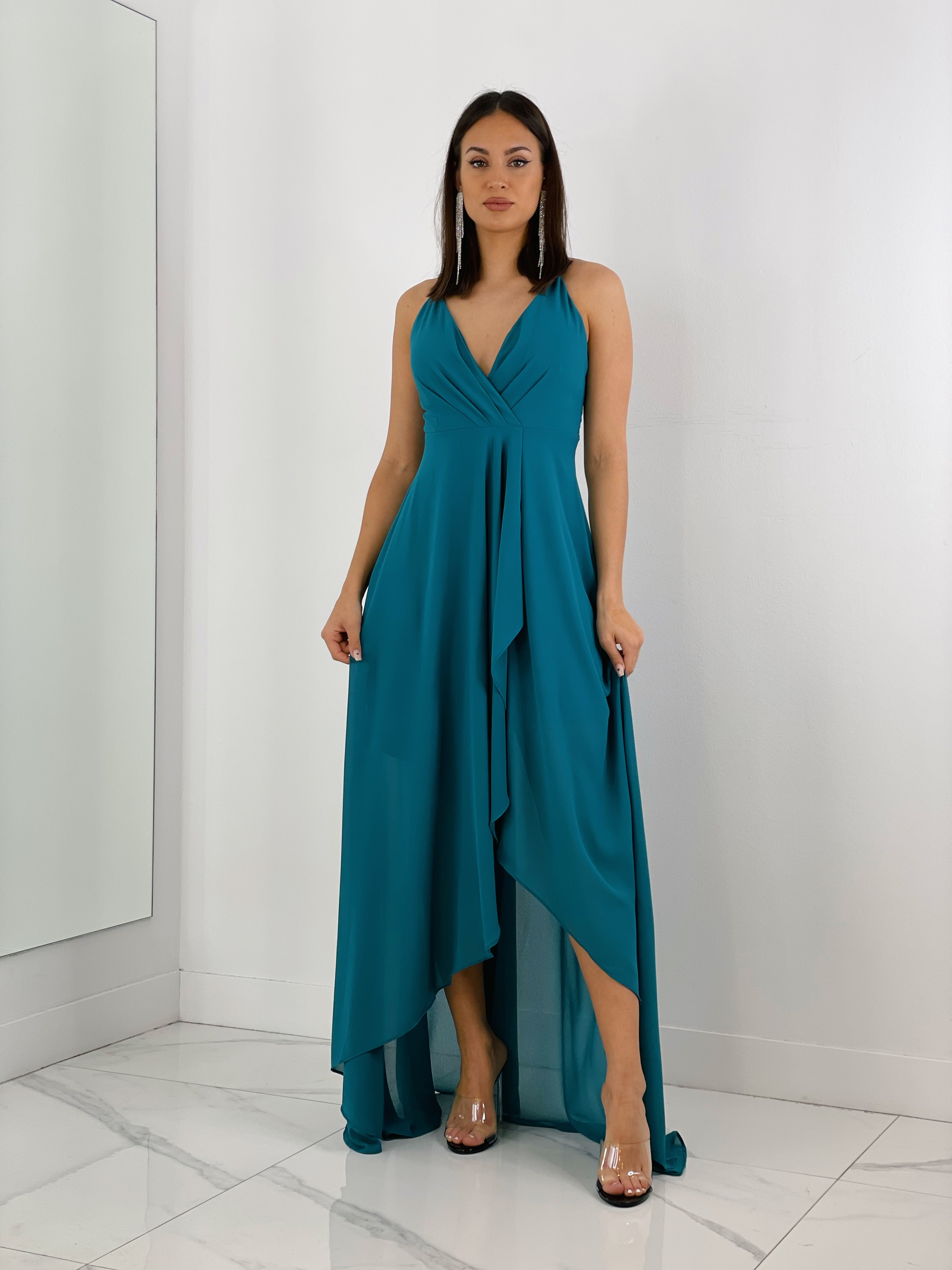 Vestido de ceremonia de escote cruzado y espalda cruzada color petróleo | Zebra&Maduixa