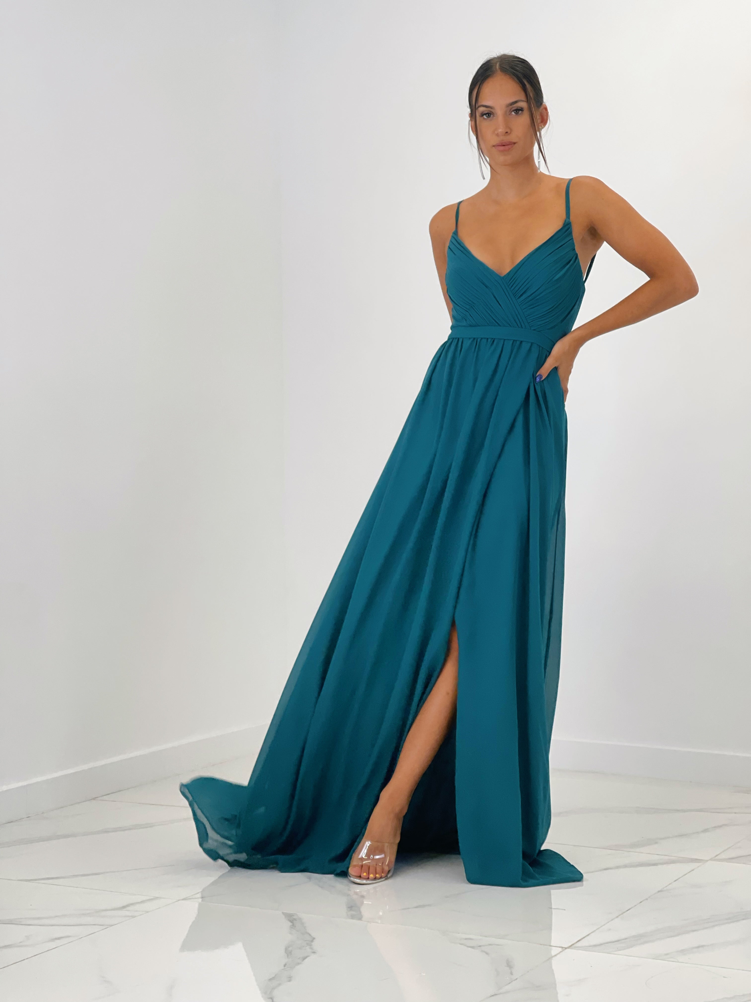 Vestido de ceremonia con escote cruzado y espalda cruzada petroleo | Zebra&Maduixa