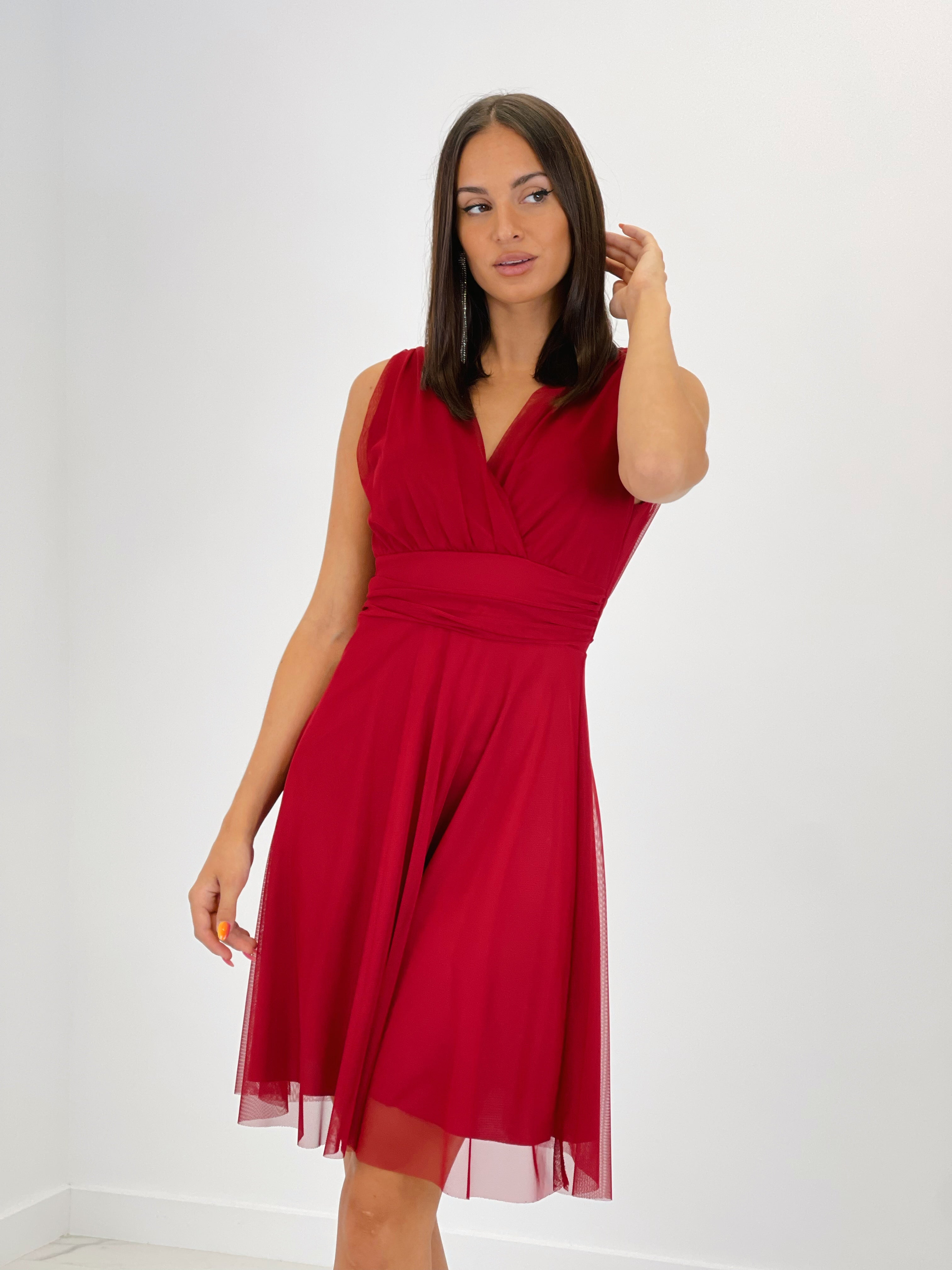 Vestido corto de tul con cinturón color granate | Zebra&Maduixa