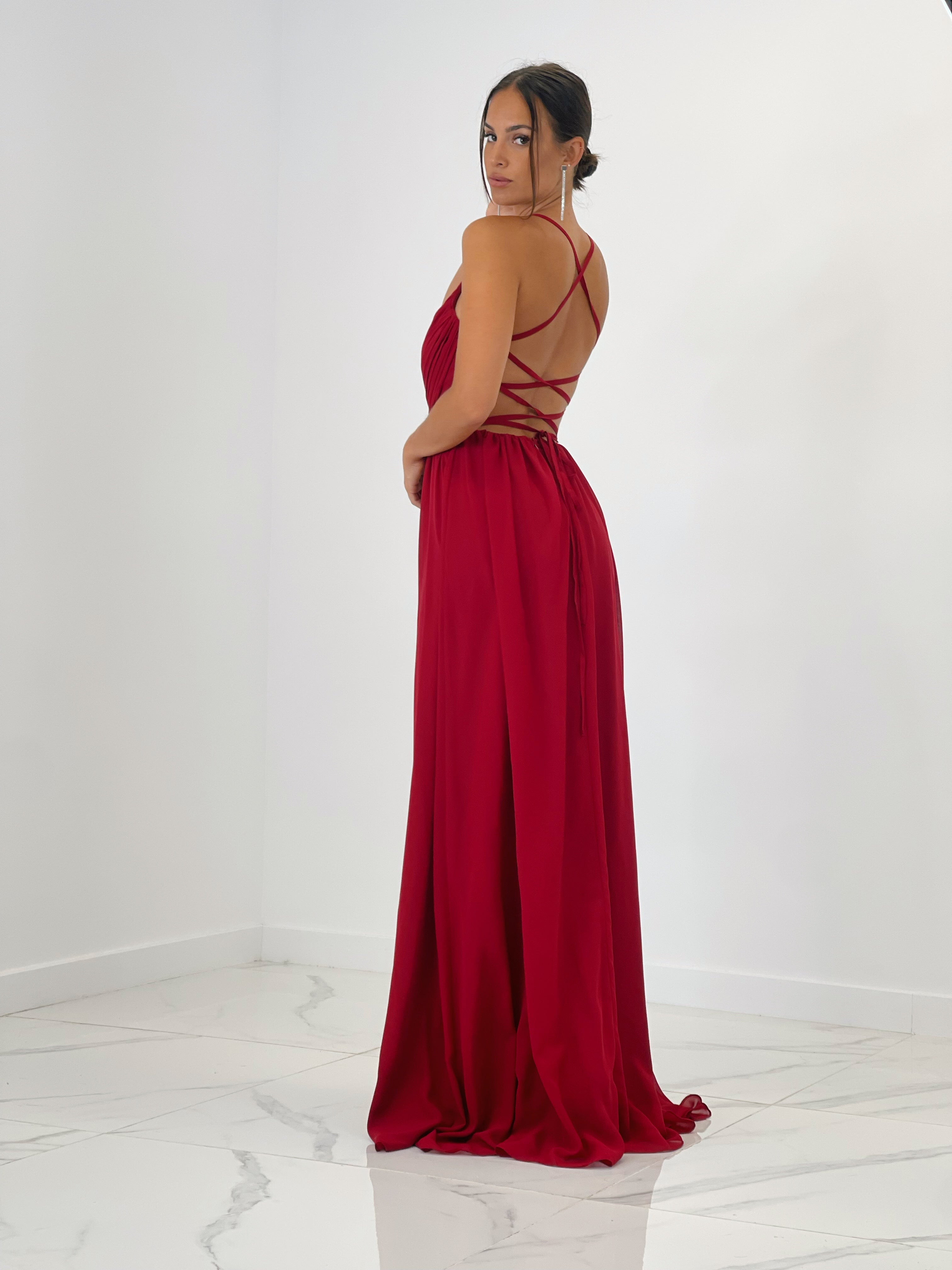 Vestido de ceremonia con escote cruzado y espalda cruzada granate | Zebra&Maduixa