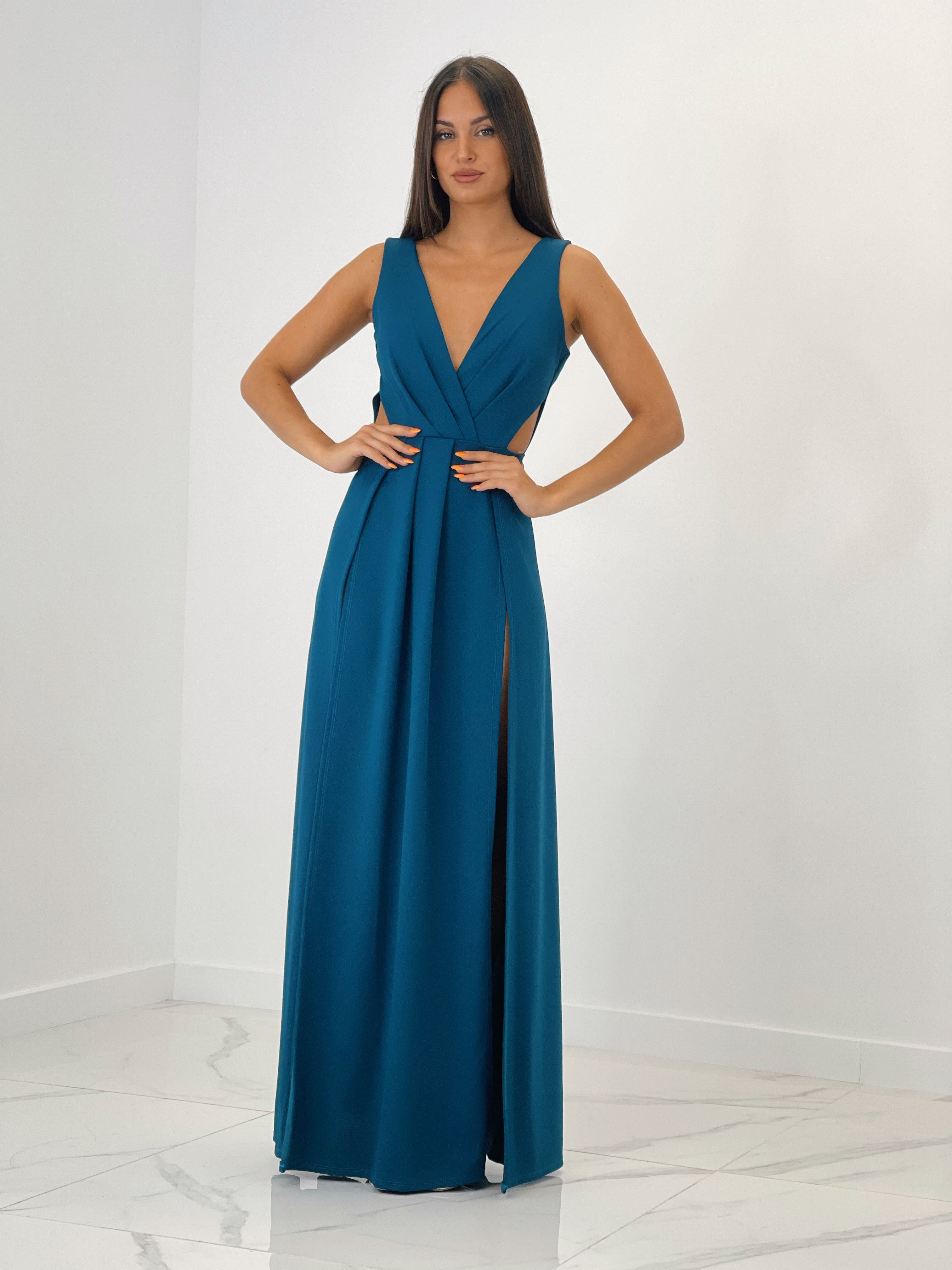 Vestido largo con escote cruzado en pico y tela plisada petroleo | Zebra&Maduixa