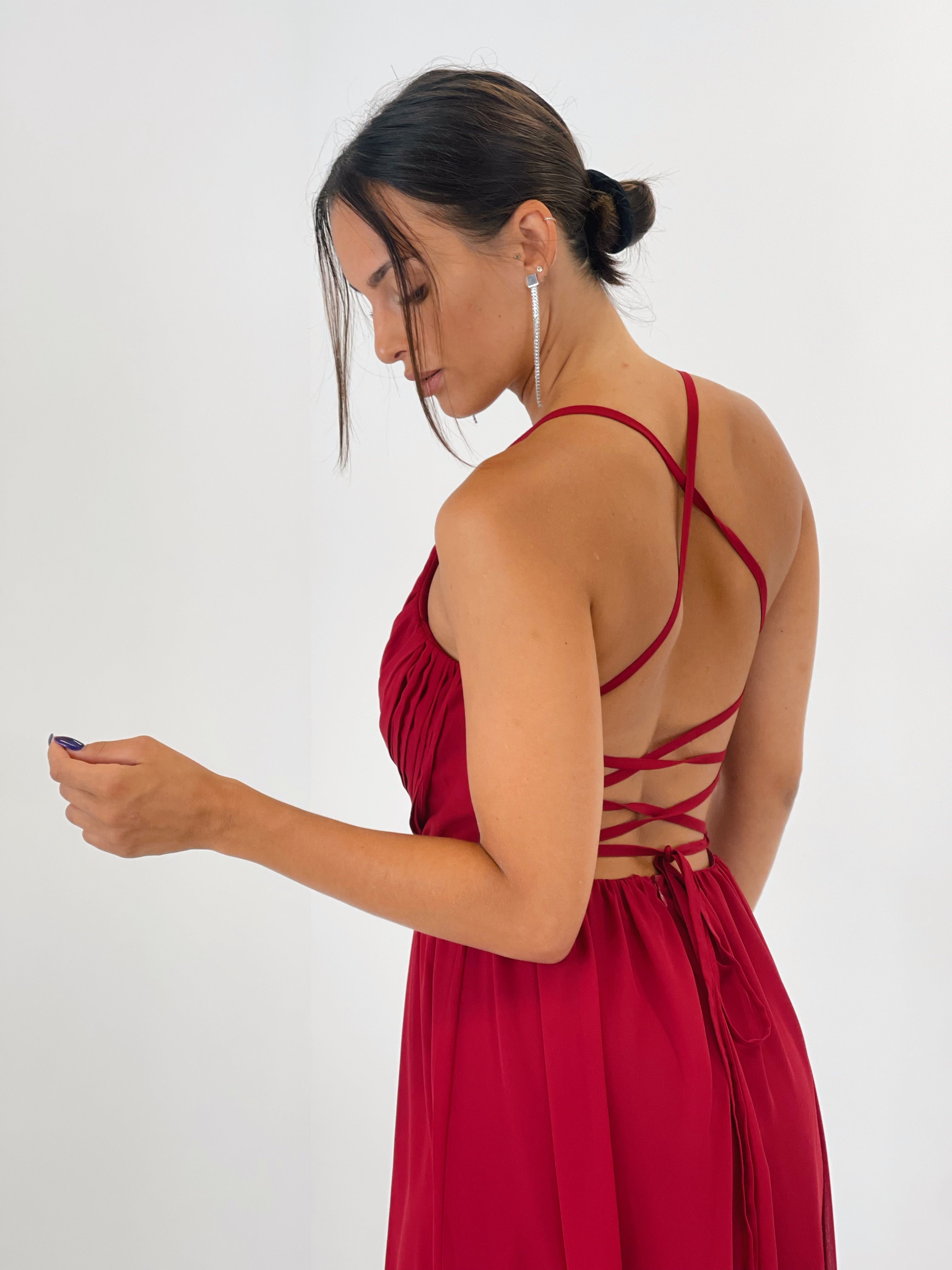 Vestido de ceremonia con escote cruzado y espalda cruzada granate | Zebra&Maduixa