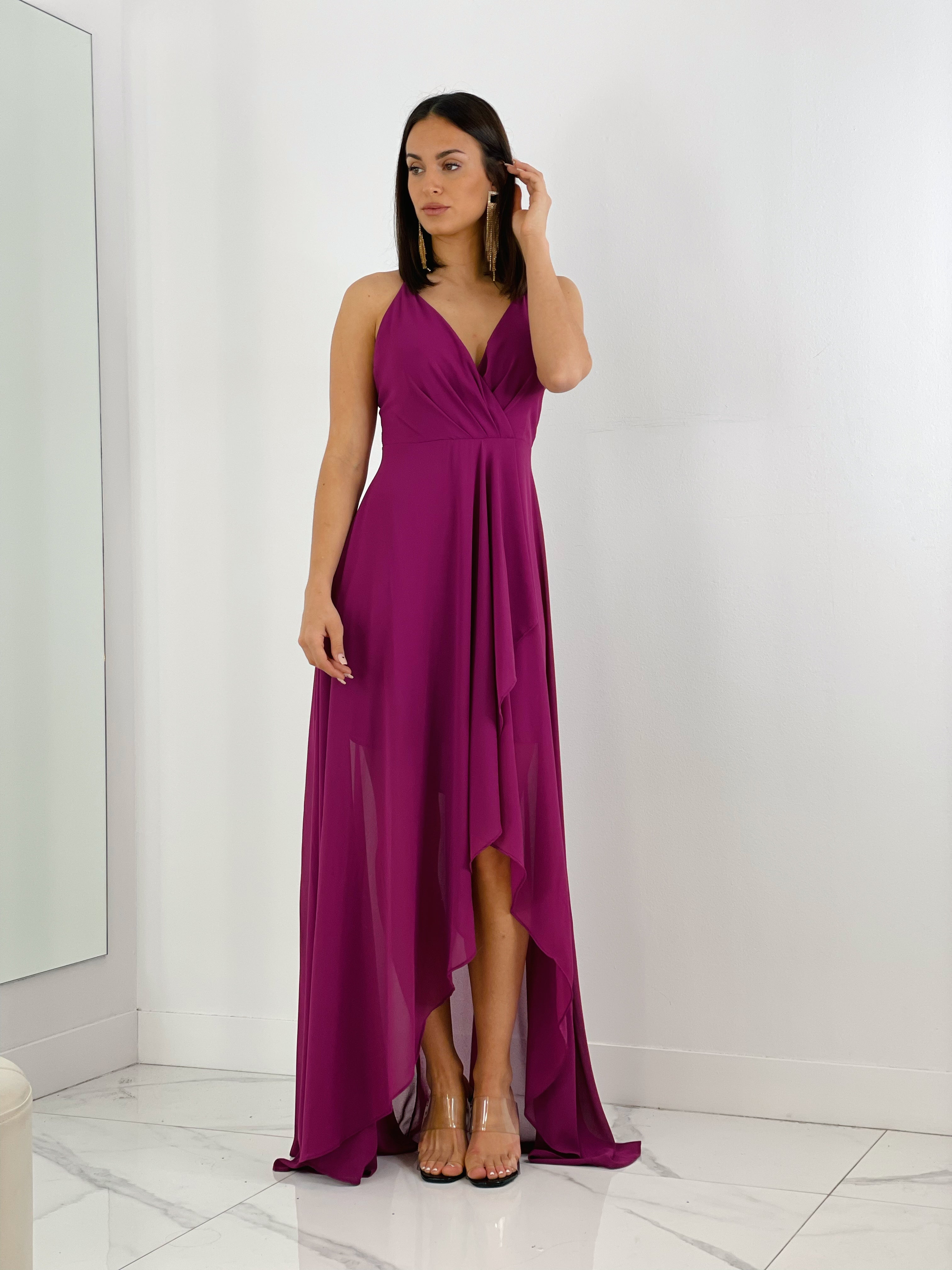 Vestido de ceremonia de escote cruzado y espalda cruzada color buganvilla | Zebra&Maduixa