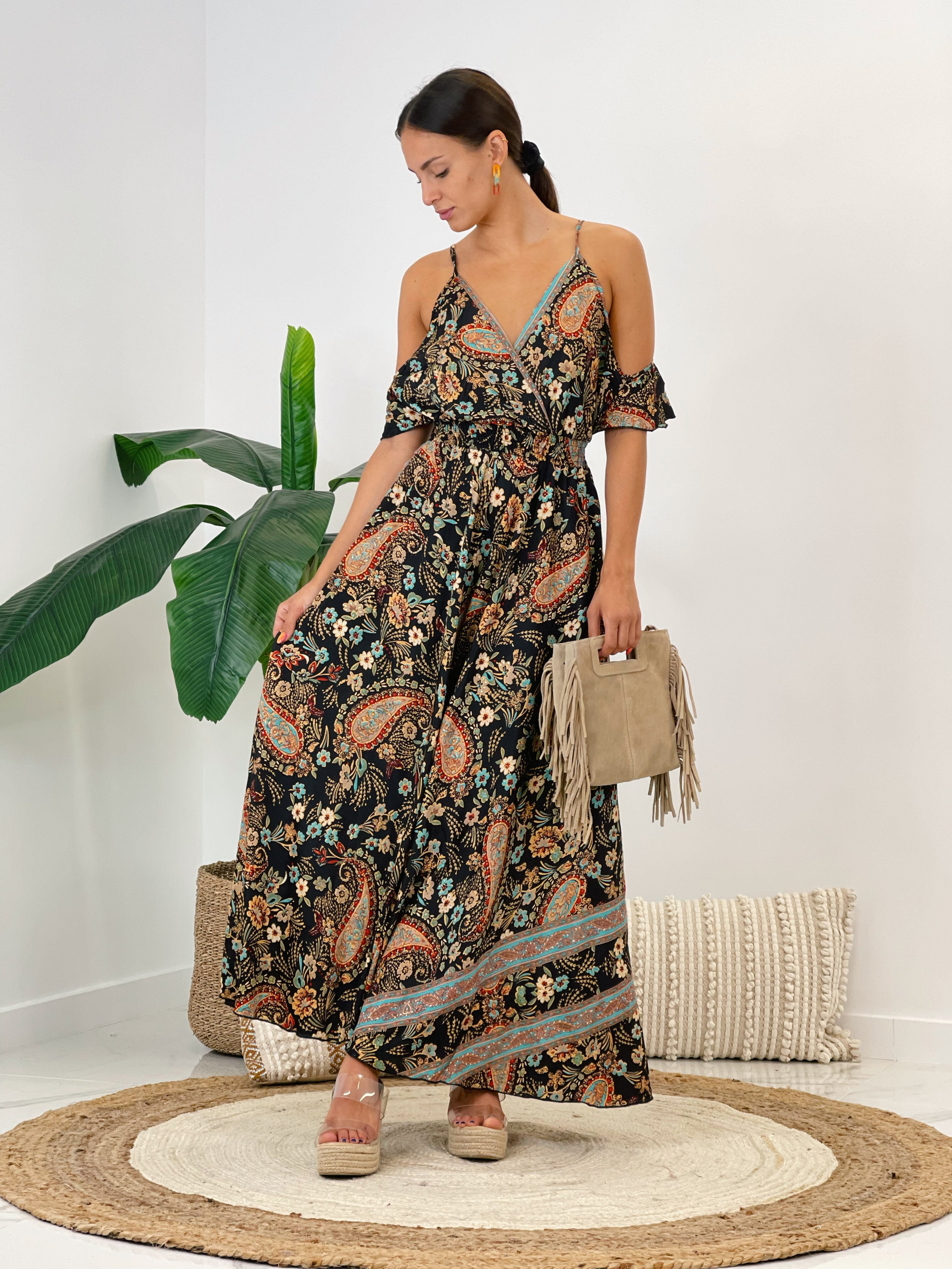 Vestido largo estampado con escote pico cruzado y tirante fino negro | Zebra&Maduixa