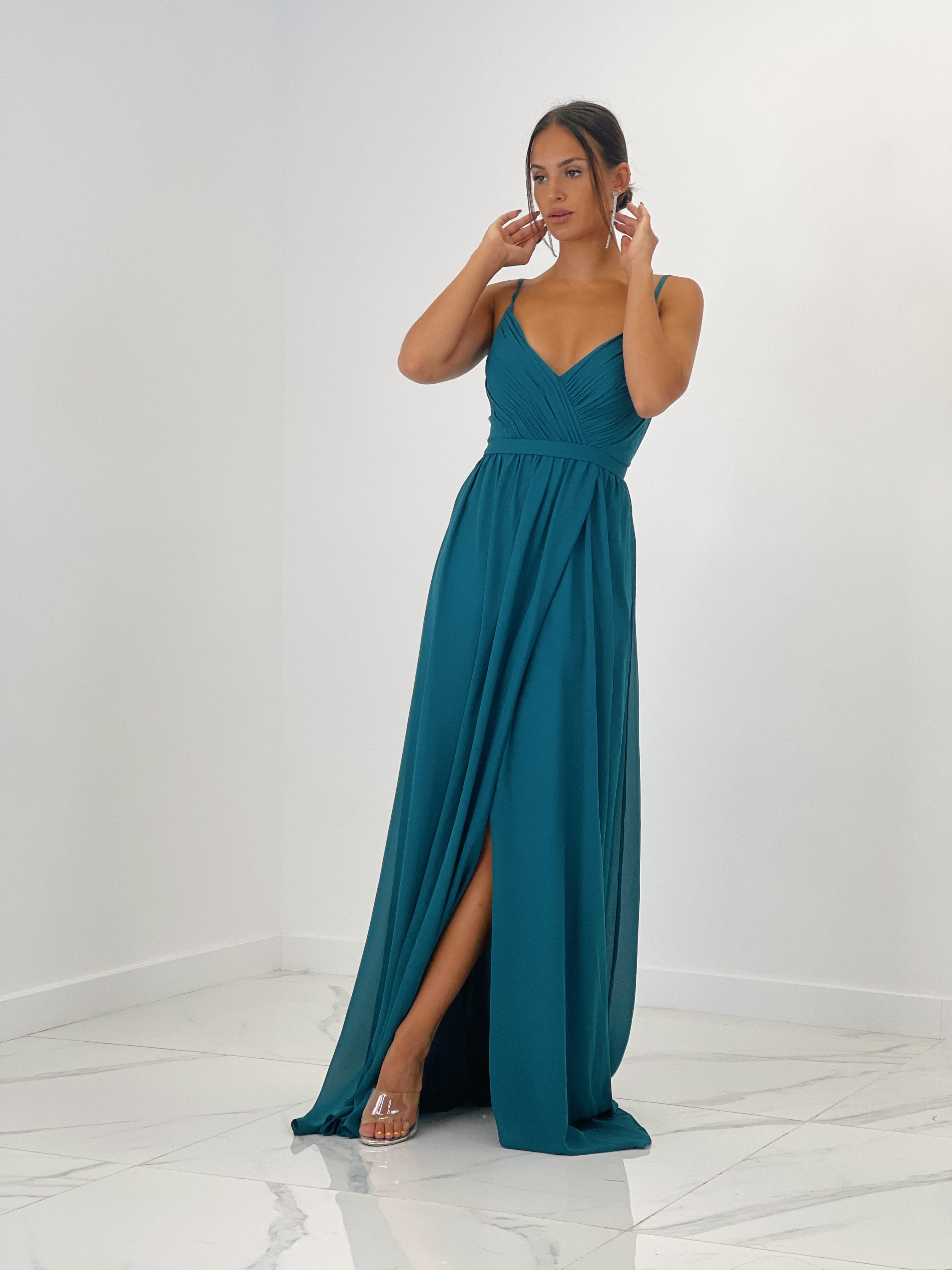 Vestido de ceremonia con escote cruzado y espalda cruzada petroleo | Zebra&Maduixa