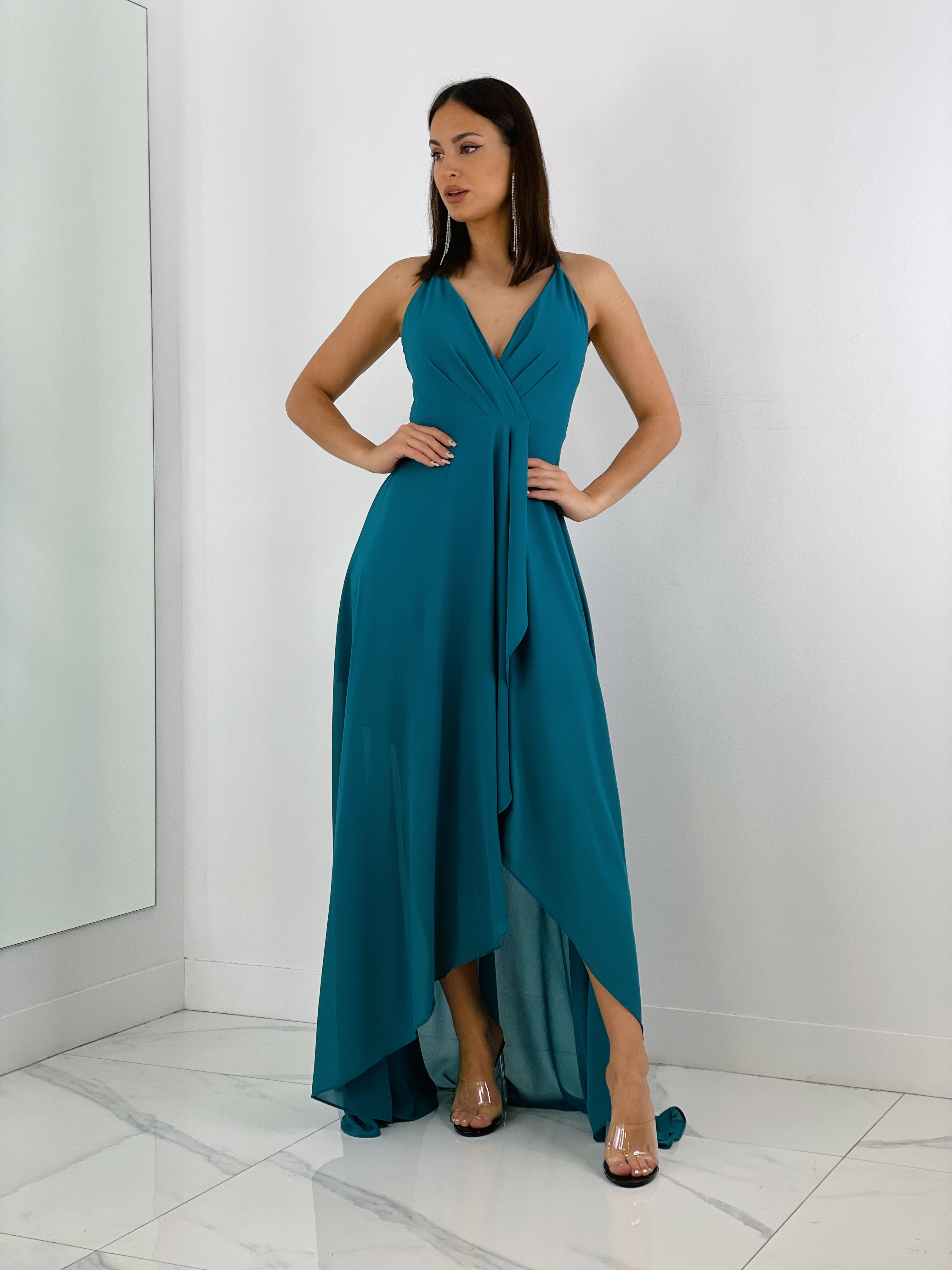 Vestido de ceremonia de escote cruzado y espalda cruzada color petróleo | Zebra&Maduixa