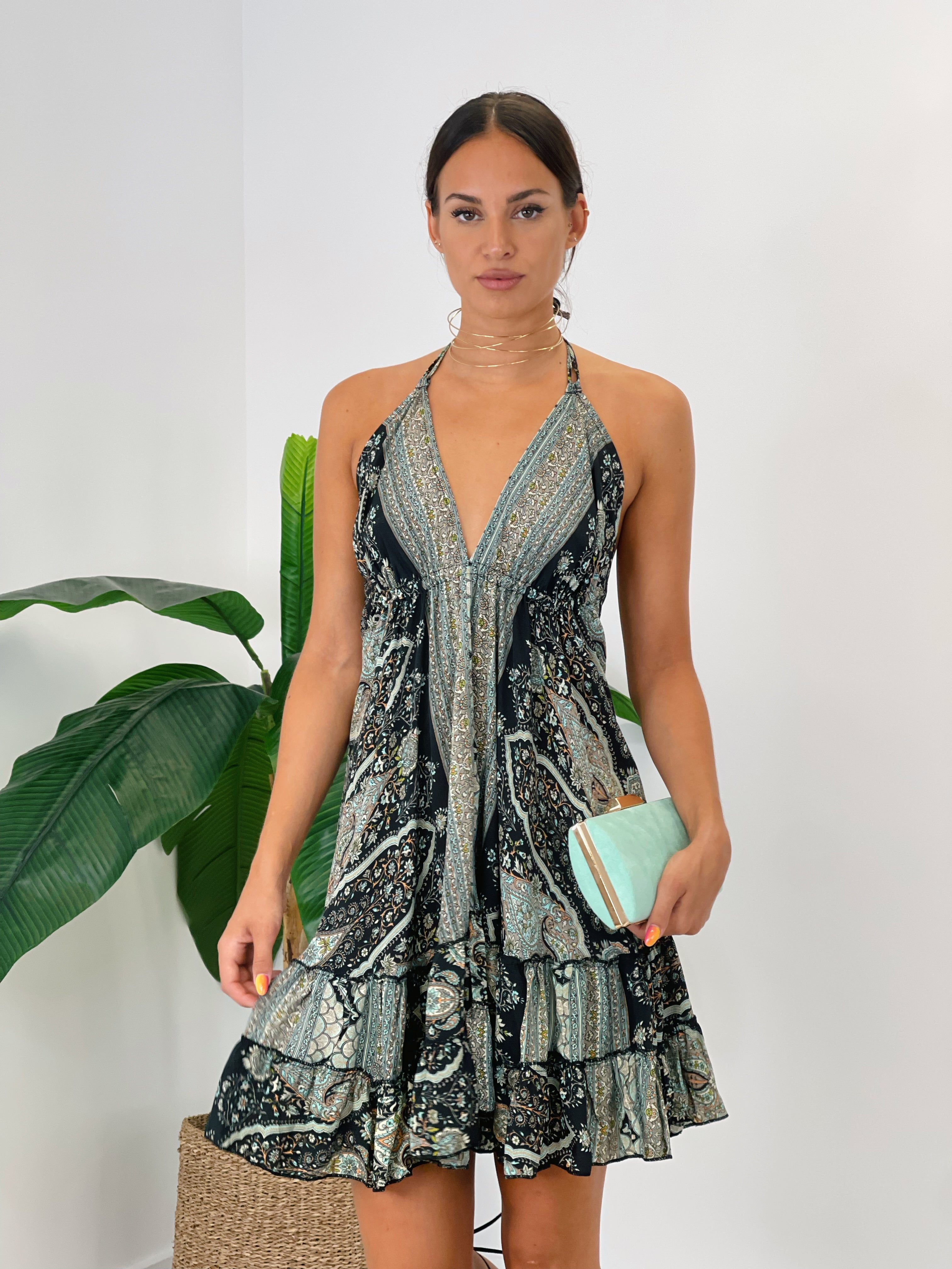 Vestido corto con volante y doble tirante fino anudado al cuello color gris | Zebra&Maduixa