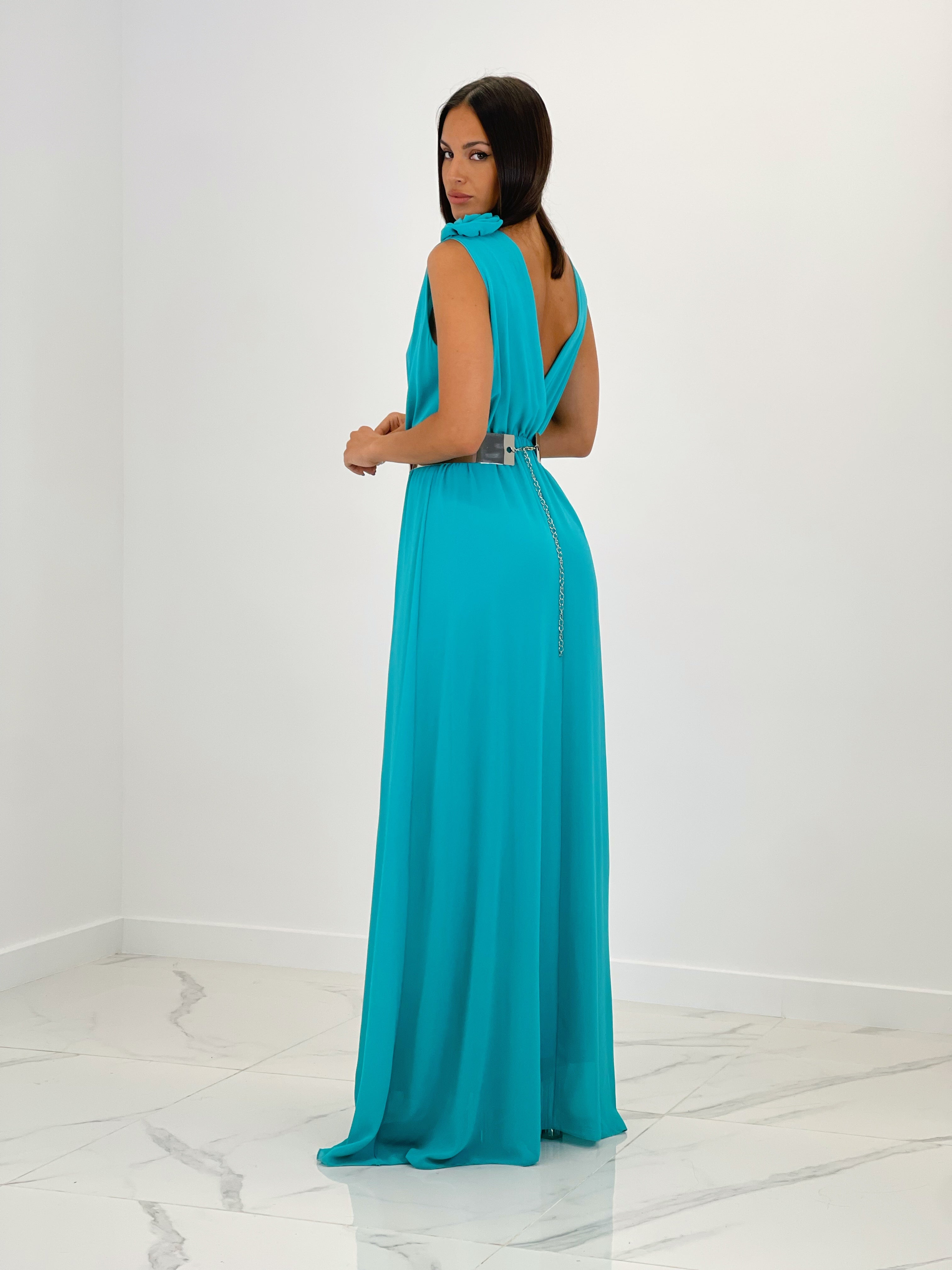 Vestido ceremonia con flores en los hombros color turquesa | Zebra&Maduixa