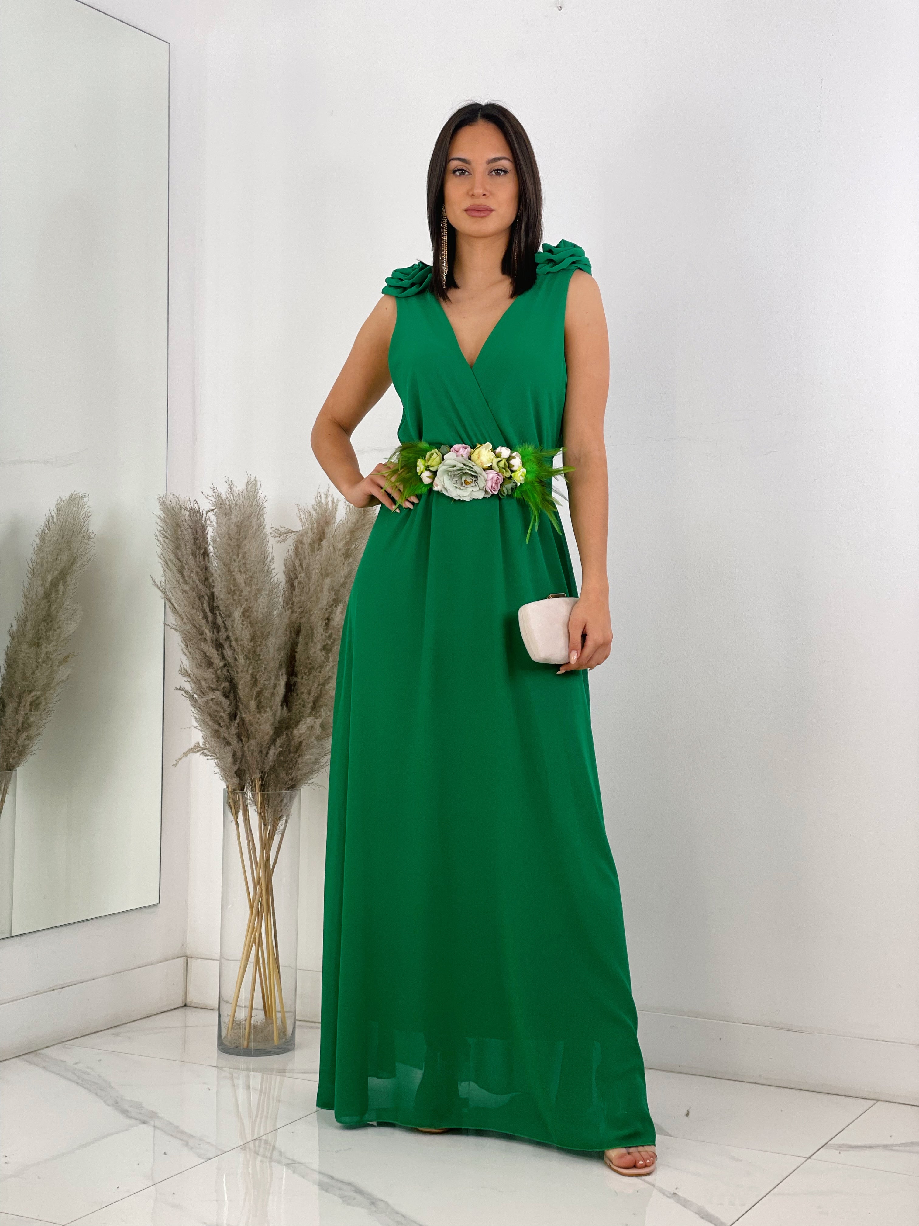Vestido ceremonia con flores en los hombros color verde | Zebra&Maduixa