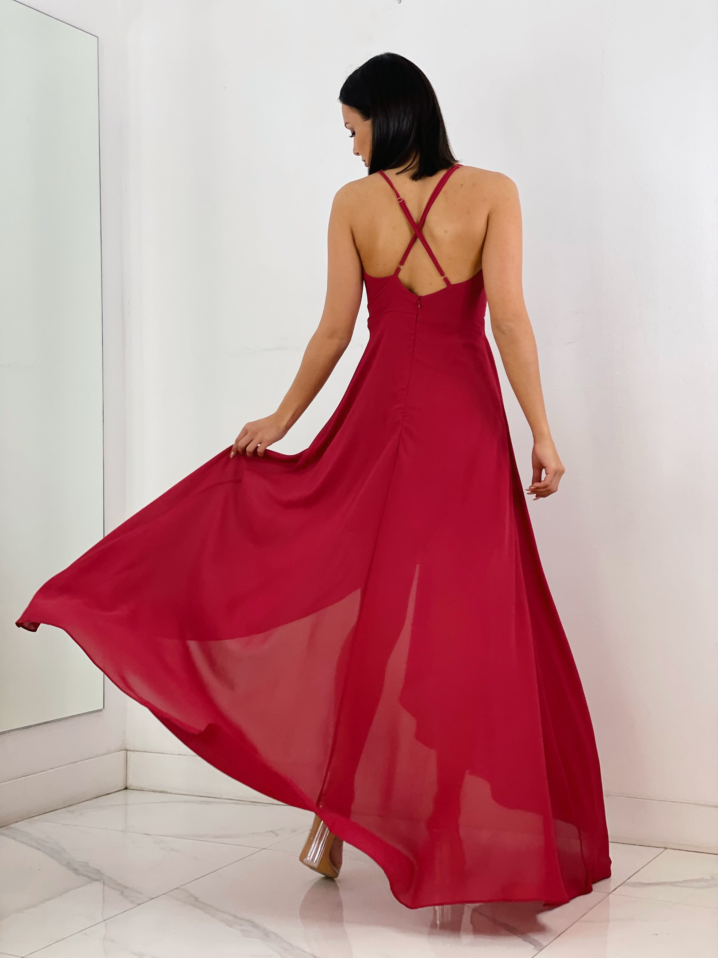 Vestido de ceremonia de escote cruzado y espalda cruzada color cereza | Zebra&Maduixa