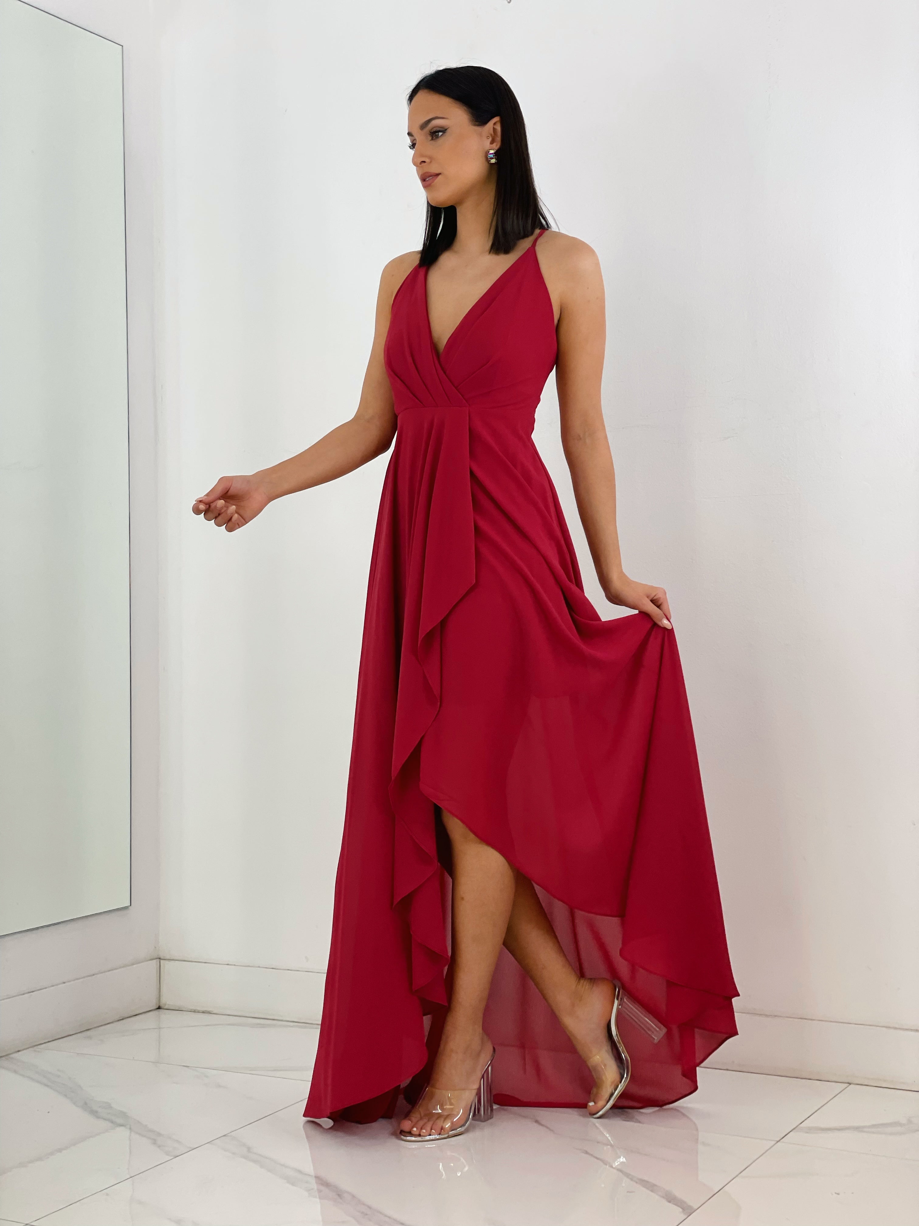 Vestido de ceremonia de escote cruzado y espalda cruzada color cereza | Zebra&Maduixa