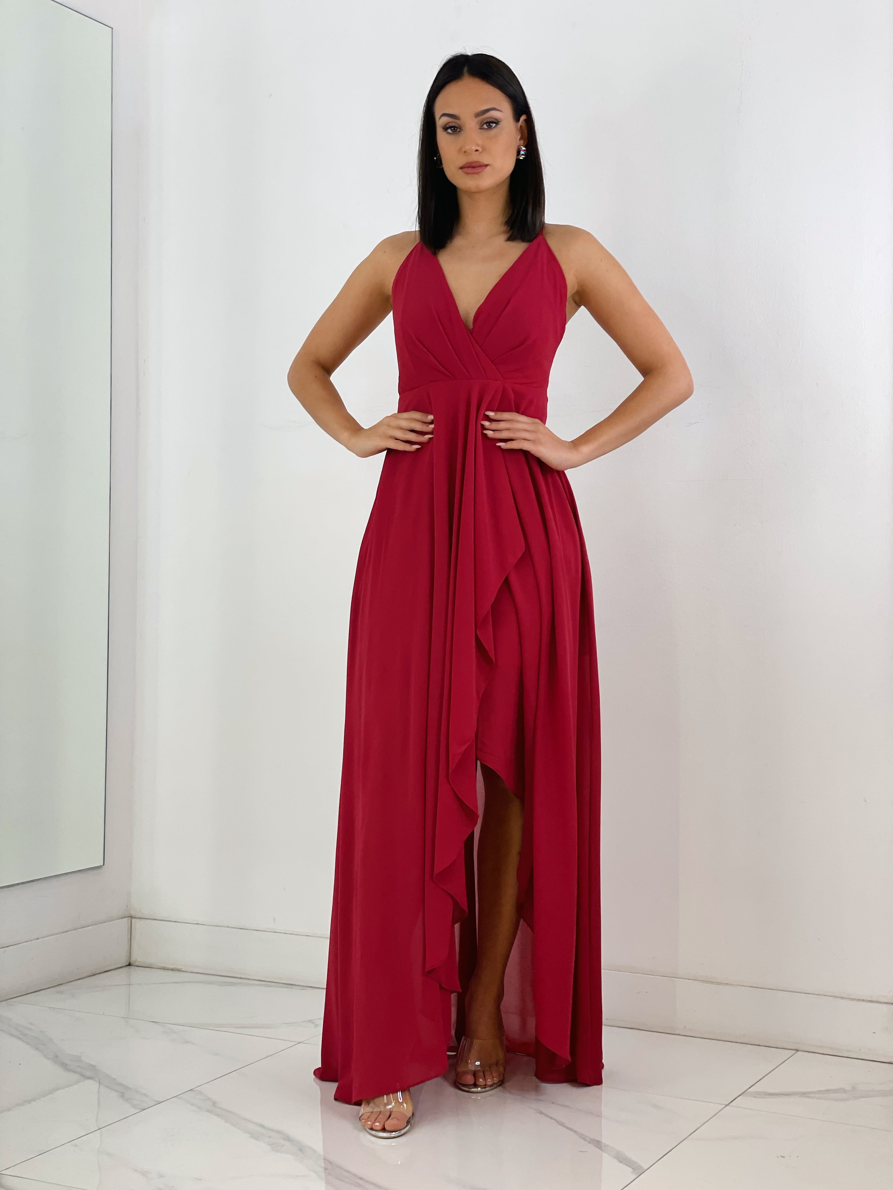 Vestido de ceremonia de escote cruzado y espalda cruzada color cereza | Zebra&Maduixa