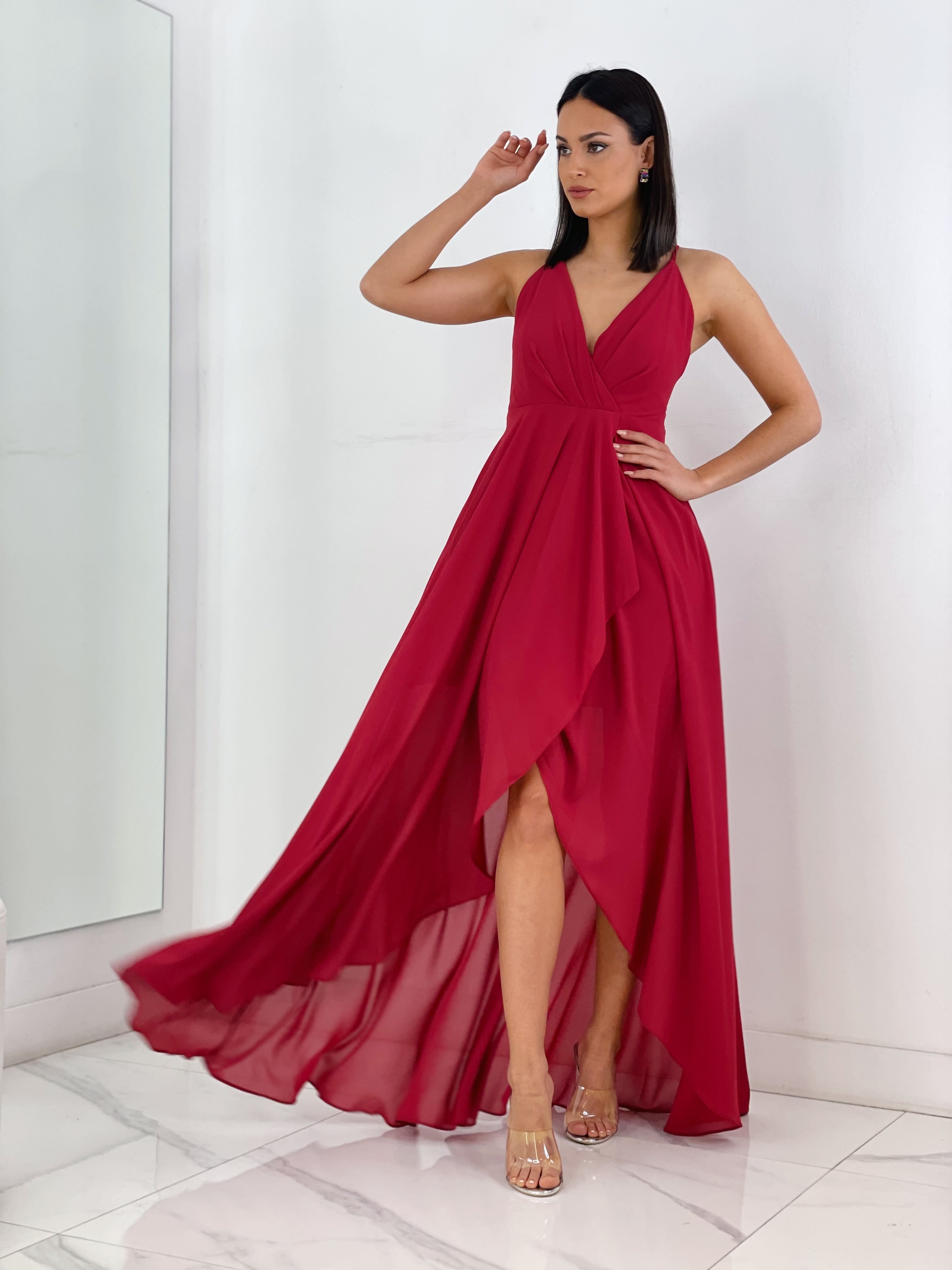 Vestido de ceremonia de escote cruzado y espalda cruzada color cereza | Zebra&Maduixa