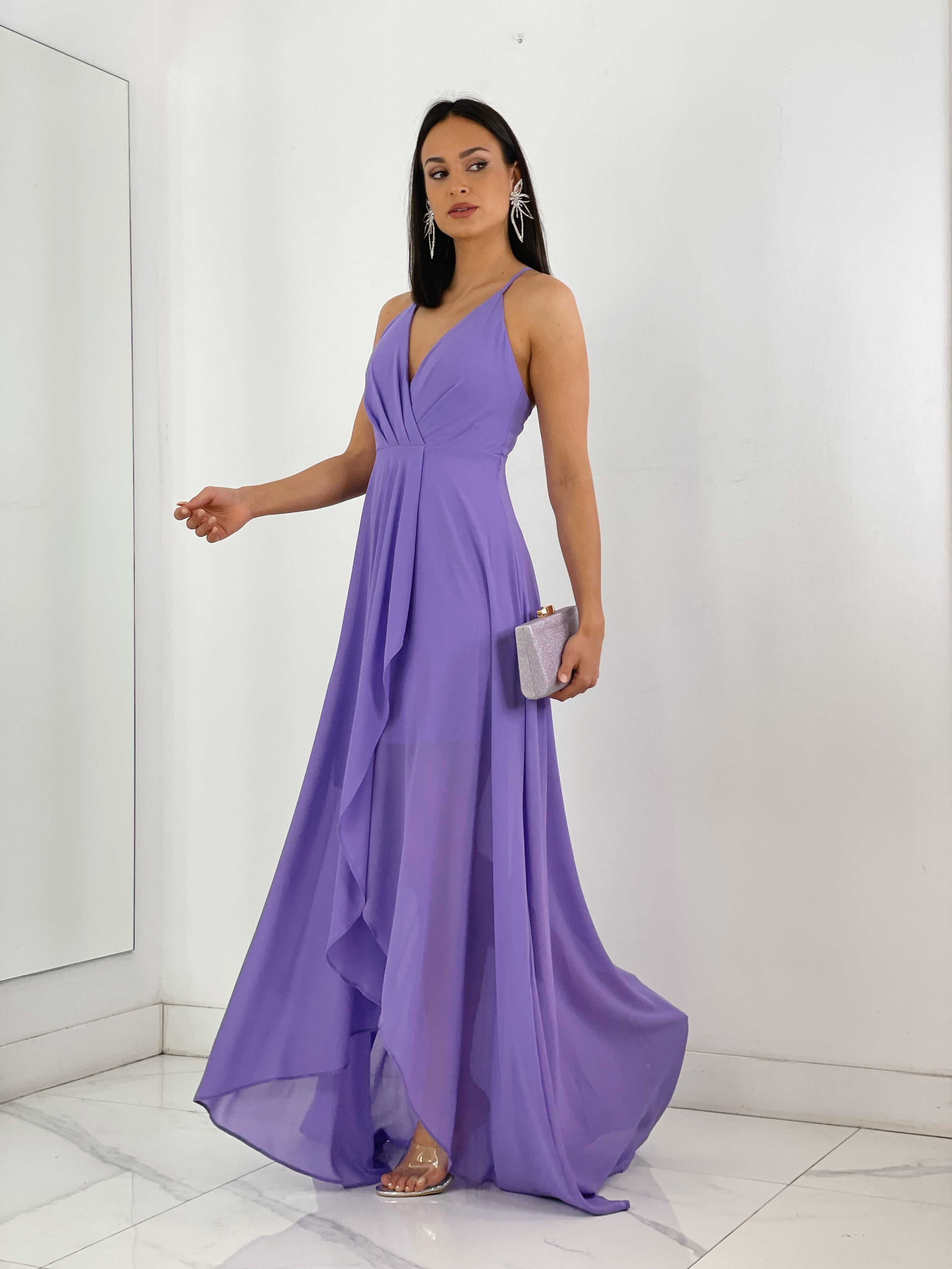 Vestido de ceremonia de escote cruzado y espalda cruzada color lila | Zebra&Maduixa