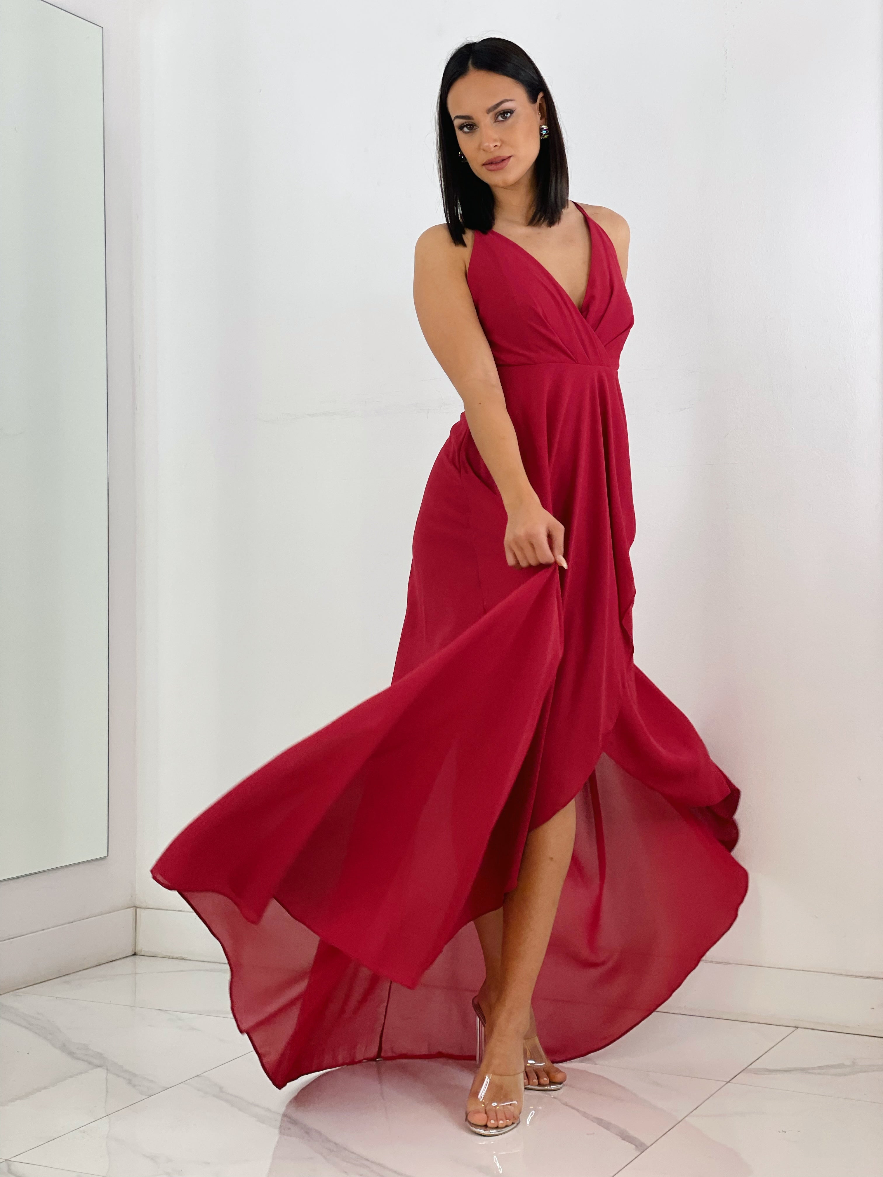 Vestido ceremonia con escote cruzado y fruncido en la parte trasera color cereza | Zebra&Maduixa